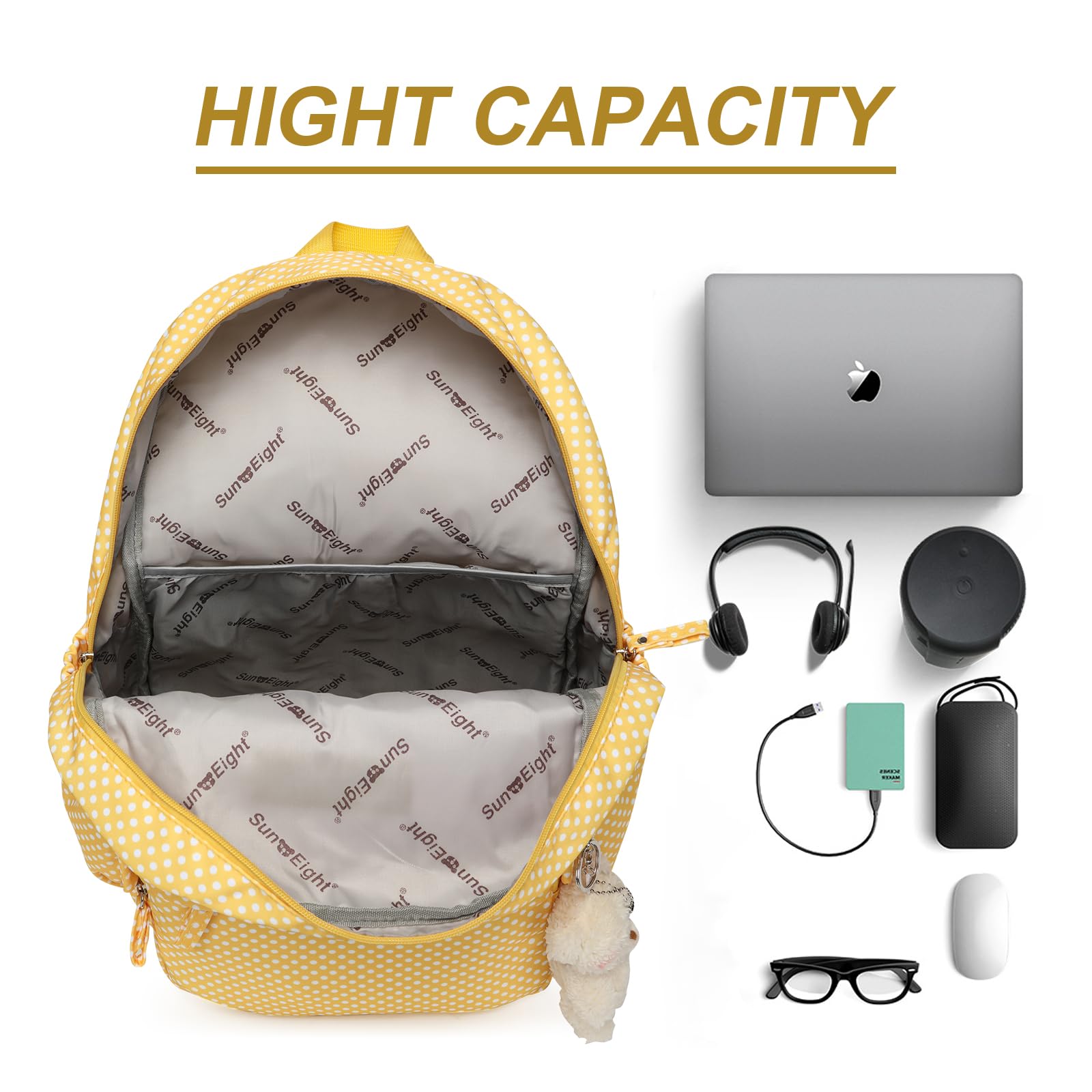 SUN EIGHT Waterproof Backpack for Girls & Teens - Large Capacity School Backpack for Travel, College, and Everyday Use (Yellow) - Perfect for School Supplies, Laptops, and Outdoor Adventures