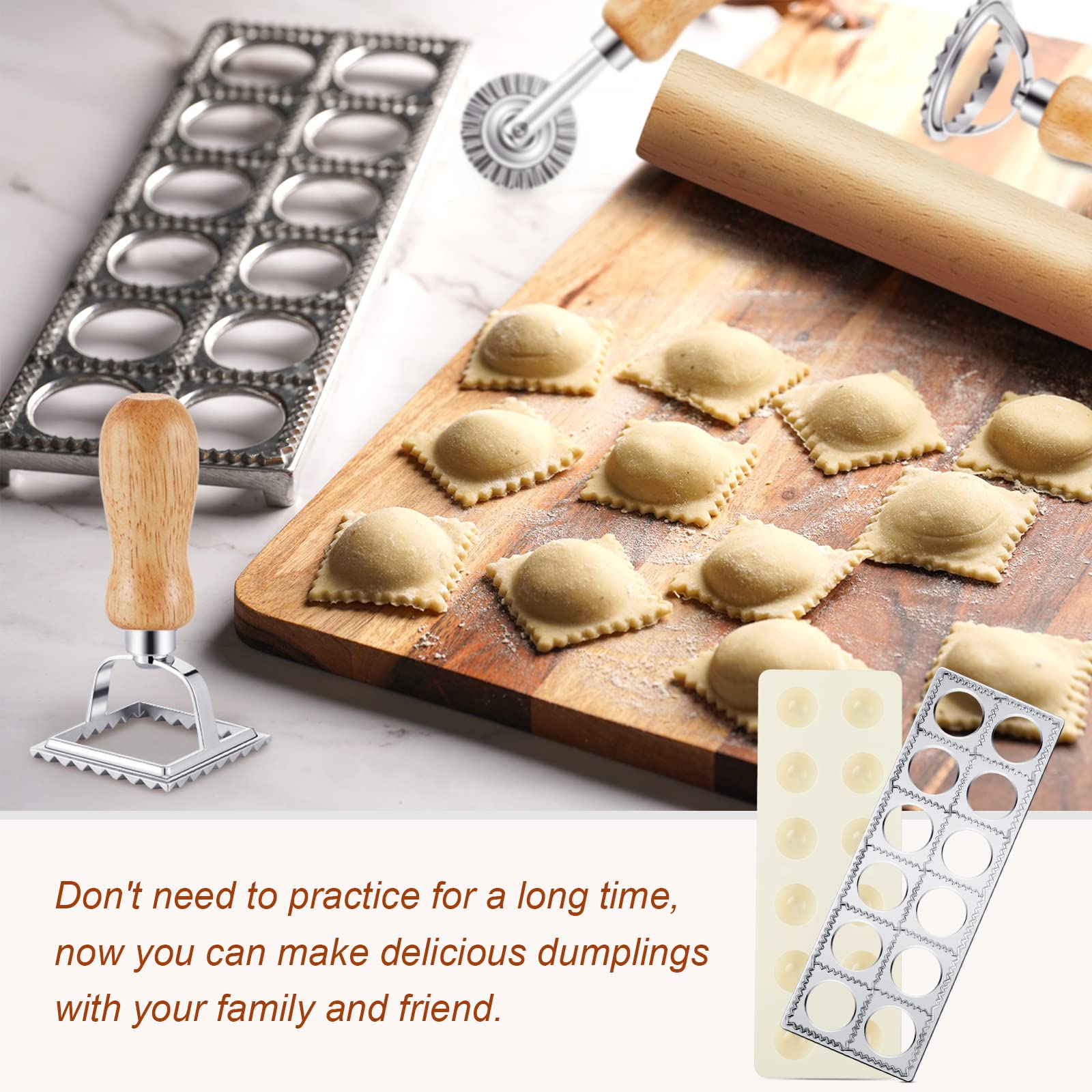 5-Piece Ravioli Mold Set with 12-Hole Press, 3 Pasta Cutters & Wooden Rolling Pin - Complete Pasta Making Kit for Homemade Ravioli, Dumplings & Pelmeni - Perfect Kitchen Gift for Italian Cooking & DIY Pasta Lovers
