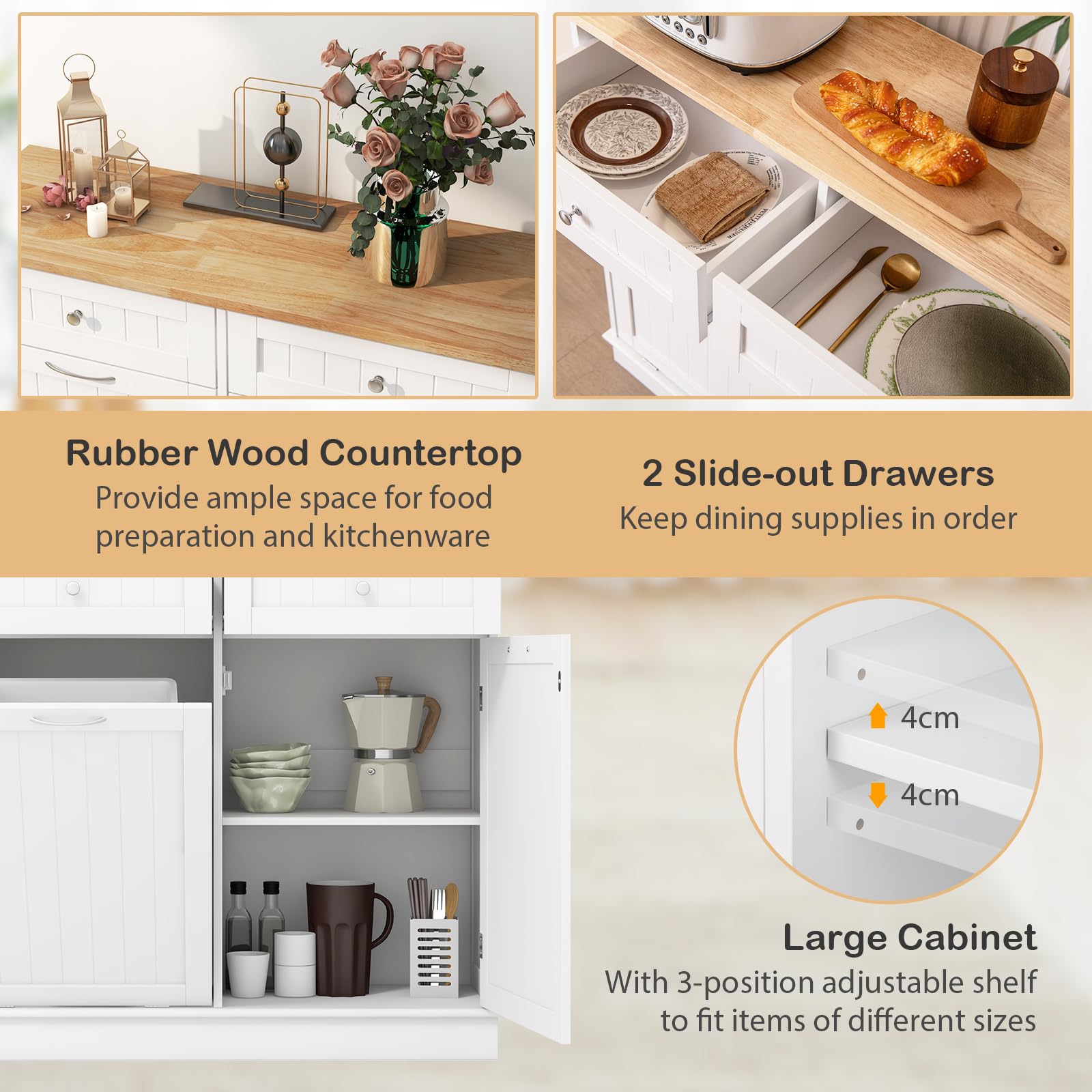 Giantex 15.5 Gallon Kitchen Trash Cabinet with Tilt-Out Bin - White Rubber Wood Countertop, 2 Large Drawers & Adjustable Shelf - Waste & Recycling Organizer for Kitchen Island, Pantry or Utility Room Storage