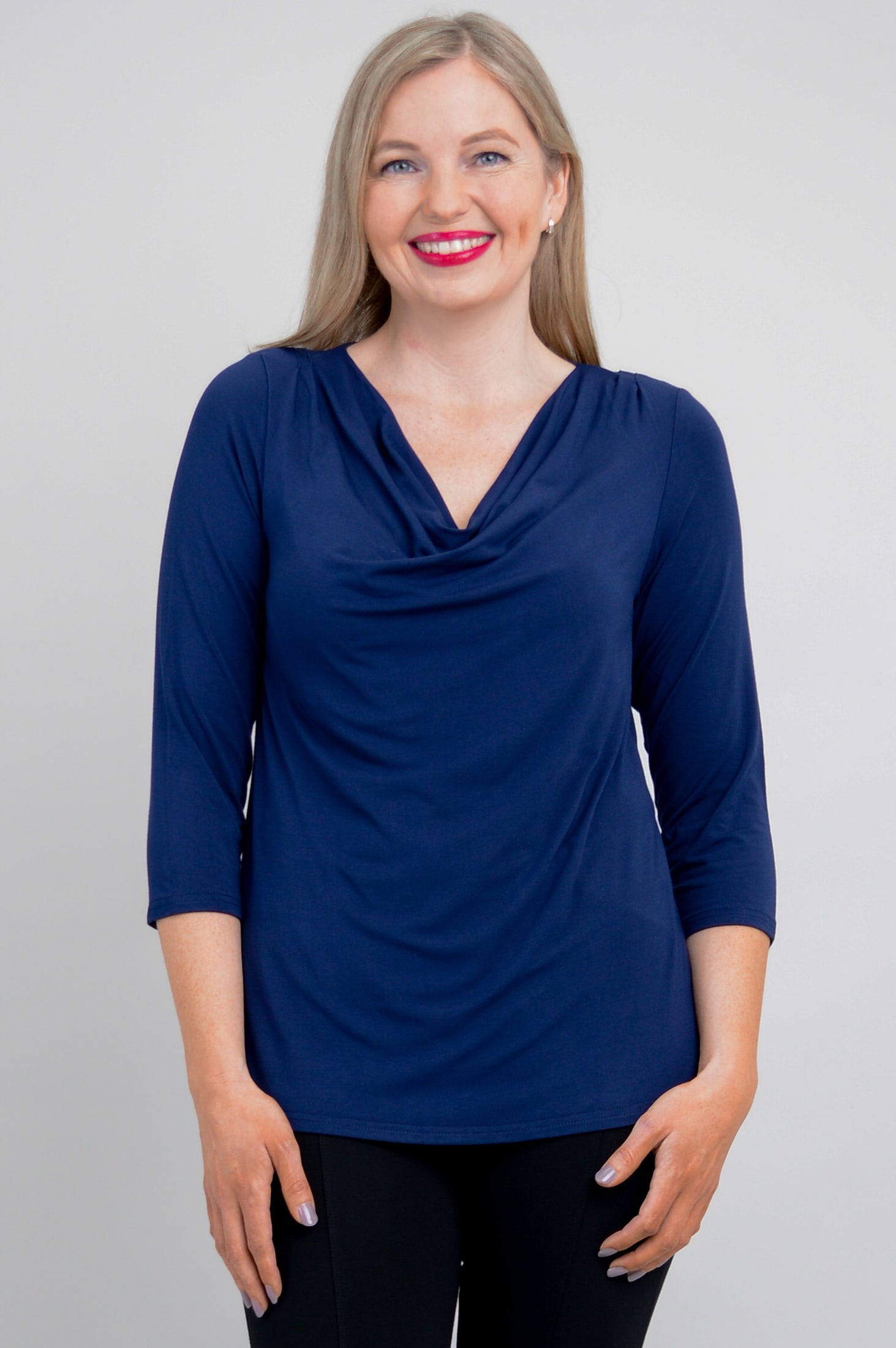 Charisse Women's 3/4 Sleeve V-Neck Bamboo Top in Indigo Blue | Soft Breathable Shirt for Casual Wear & Summer Outfits | Perfect for Office, Date Night & Weekend Errands
