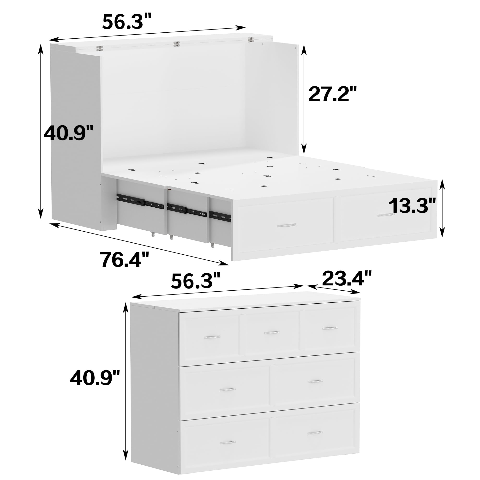 ECACAD Full Size Murphy Cabinet Bed with Built-in Power Strip & 3 Drawers - Foldable Wall Bed, Space Saving Platform Bed for Small Apartments, Guest Rooms & Home Offices - White