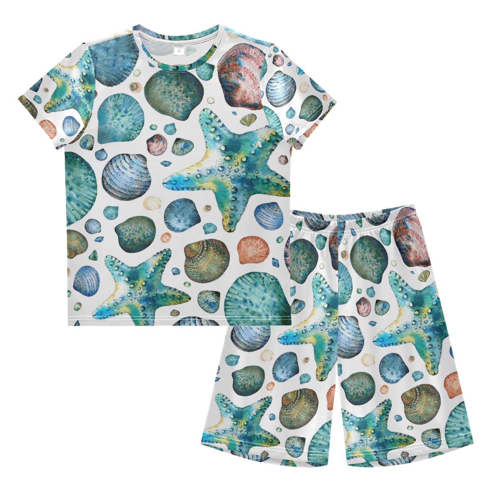 Watercolor Seashells & Starfish Boys Summer Outfits - Cute Beach Shorts Set for Kids | Perfect for Beach Vacations, Pool Parties & Summer Playdates
