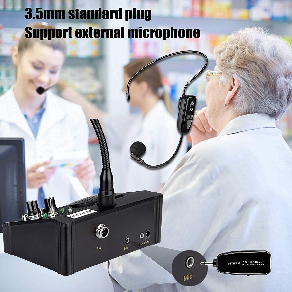 Retekess TW106 Window Intercom System with TT123 Wireless Headset - Clear 2-Way Communication, Noise Cancelling for Restaurants, Banks & Schools - Ideal for Drive-Thru, Ticket Counters & Medical Office Windows
