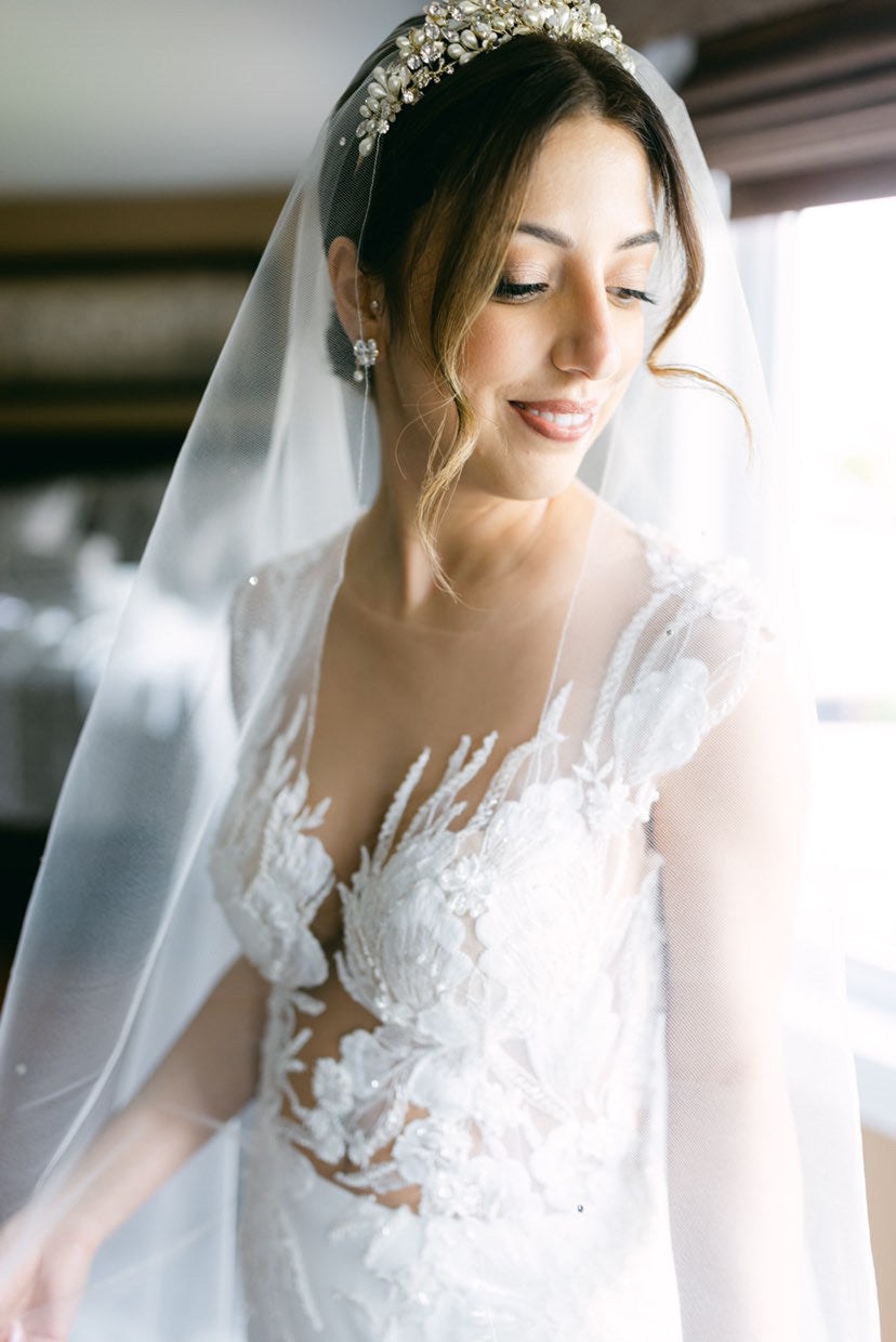 Elegant Moi et Toi RANIER Crystal & Freshwater Pearl Tiara Headpiece with Genuine Blue Topaz Briolette Accent - Perfect for Weddings, Prom & Special Occasions