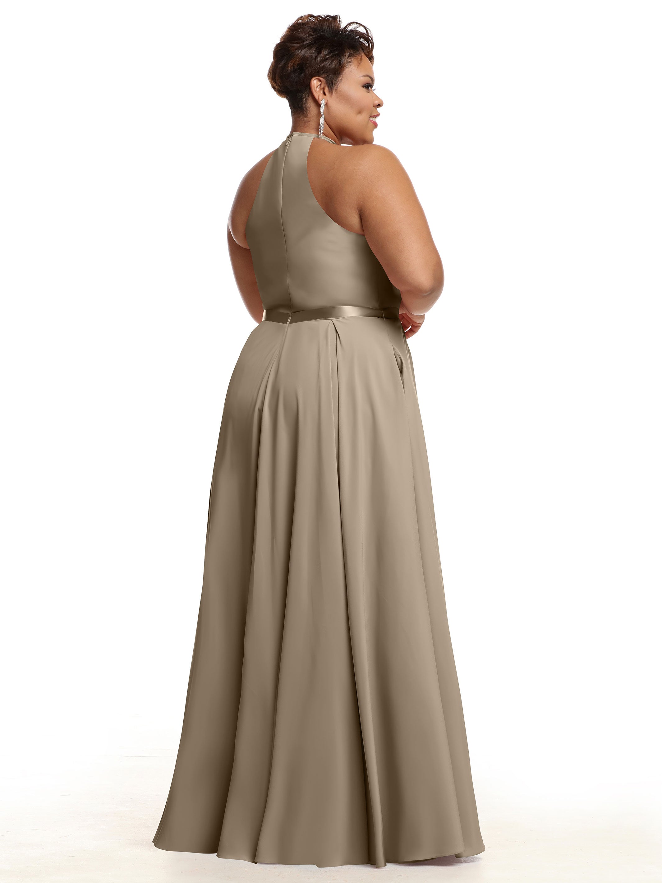 Elegant A-Line Stretch Chiffon Bridesmaid Dress with Halter Neckline & Adjustable Waist Belt - Perfect for Weddings, Formal Events & Special Occasions