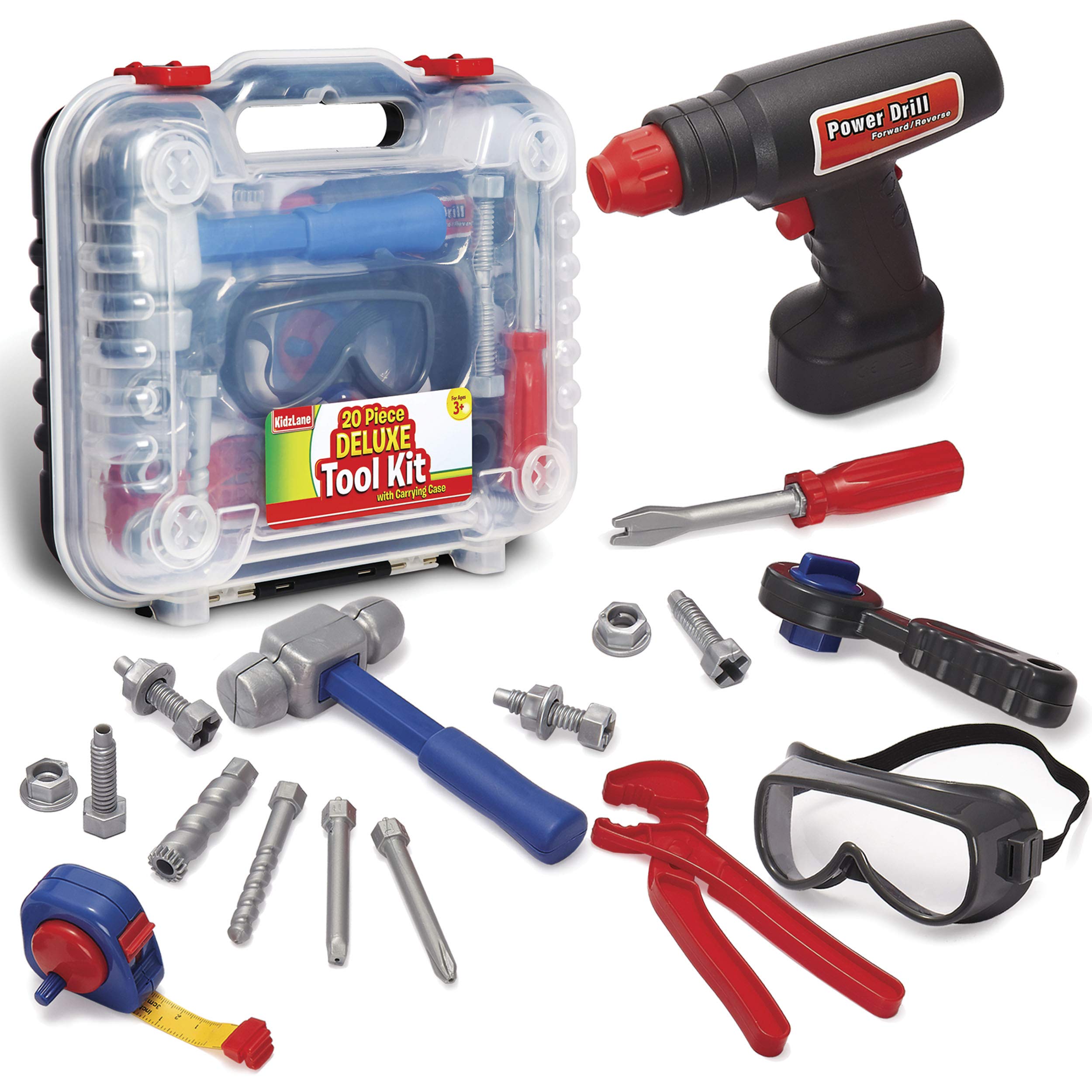 Kidzlane 20-Piece Toy Tool Set for Toddlers & Kids - Electronic Cordless Drill & Tool Box - Pretend Play Construction Kit for Boys & Girls - Perfect for DIY Role Play & Early Learning Activities