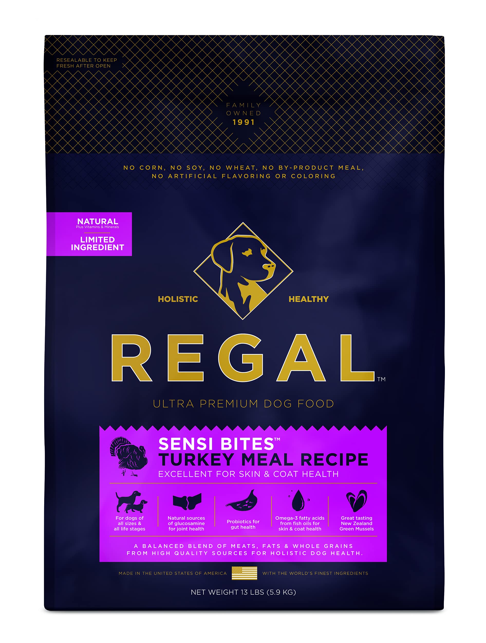 Regal Pet Foods Adult Sensi Bites Turkey Meal Recipe - All Natural, Limited Ingredient Dry Dog Food for All Breeds & Sizes - Made in USA, 26 LB Bag - Perfect for Sensitive Stomachs & Daily Nutrition