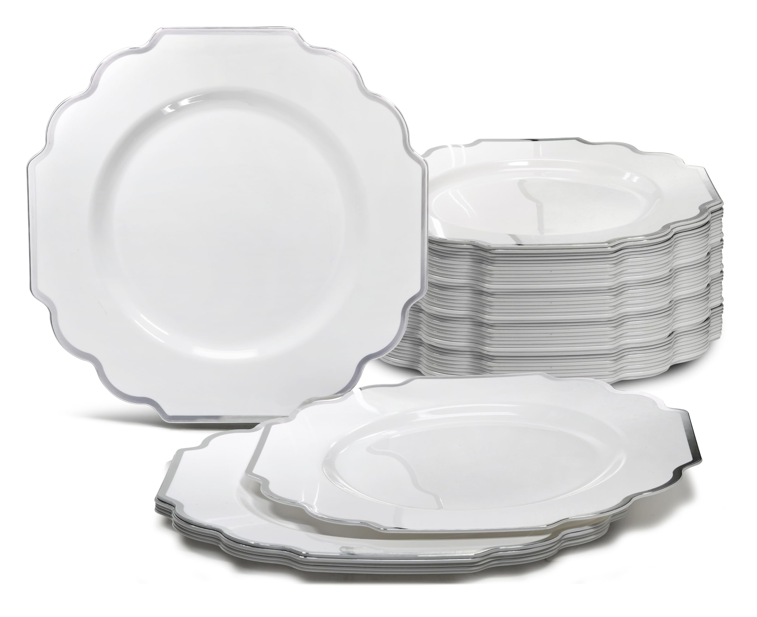 120-Pack Heavyweight Disposable Plastic Plates for Weddings & Parties - 10.5 Inch Elegant White & Silver Dinner Plates - Perfect for Formal Events, Catering & Home Celebrations