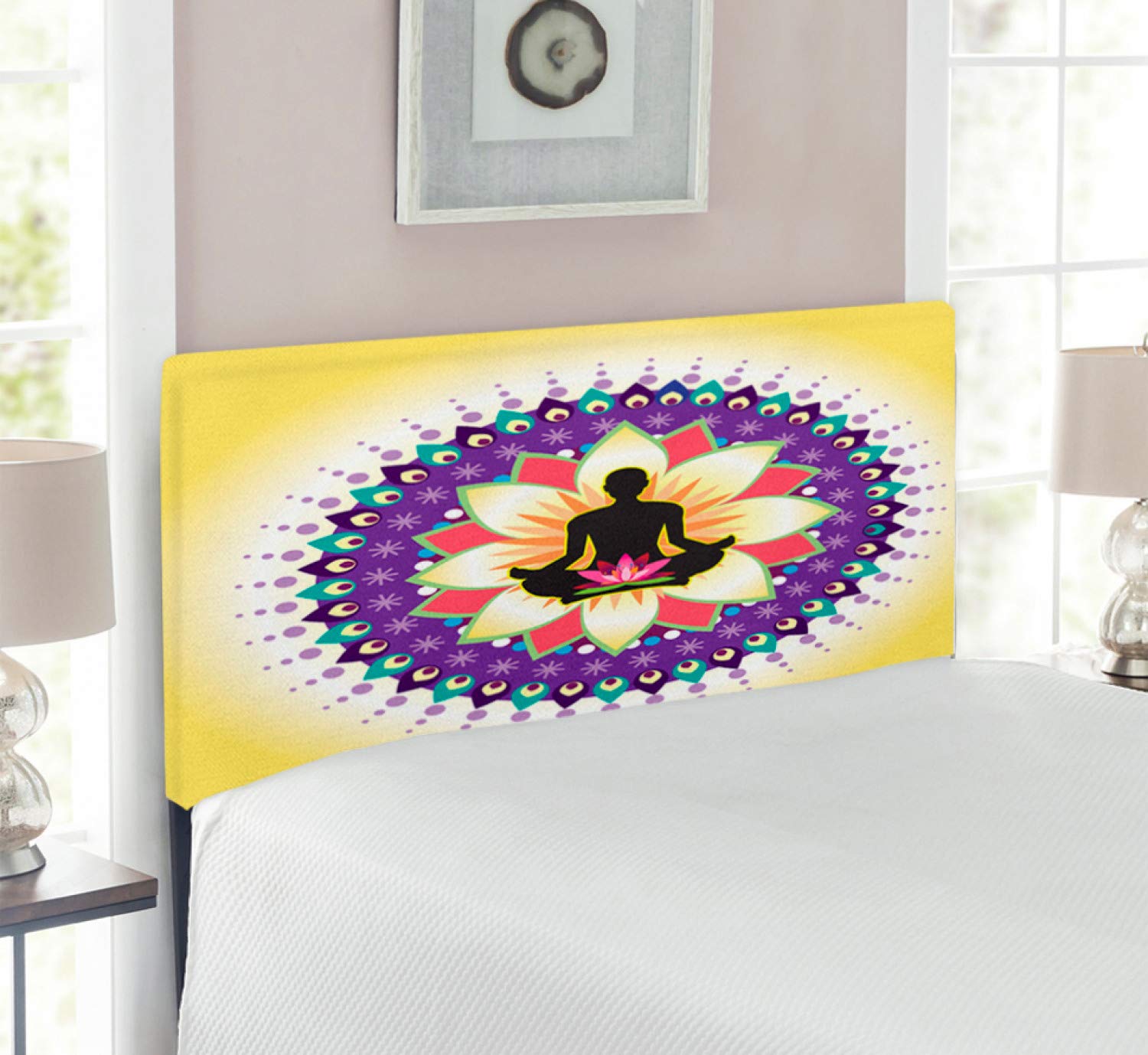 Ambesonne Yoga Headboard with Memory Foam - Round Lotus Design for Meditation & Workout - Upholstered Decorative Metal Bed Frame (Twin Size, Yellow Purple Black) - Perfect for Yoga Studios, Meditation Rooms & Zen Bedrooms