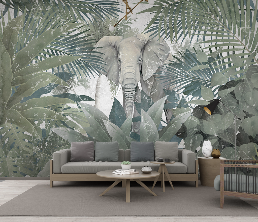 Tropical Elephant Jungle Wallpaper Mural - Vibrant Wildlife Decor for Living Room, Nursery & Kids Bedroom