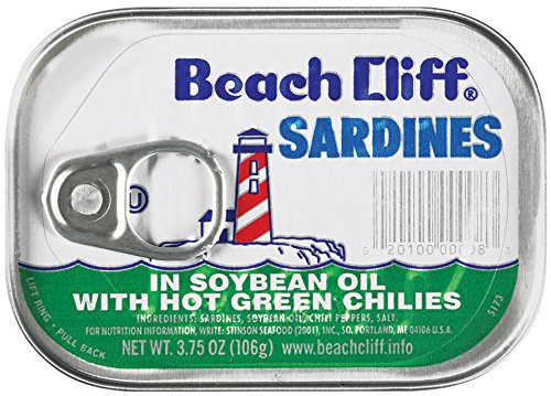 2-Pack BEACH CLIFF Sardines in Soybean Oil with Hot Green Chilies - 3.75 oz Cans (18-Pack) | Wild Caught, Keto & Gluten Free High Protein Snack | Perfect for Camping, Emergency Food Supply & Healthy On-the-Go Meals