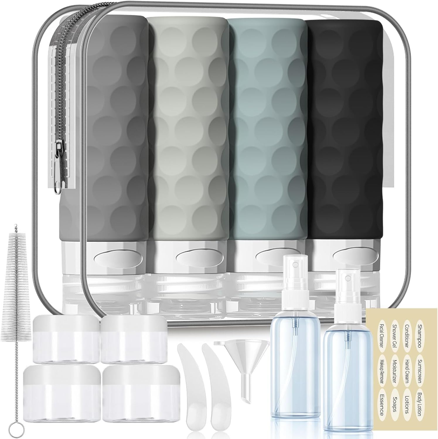 16-Pack TSA Approved Travel Bottles for Toiletries - Leak Proof Refillable Liquid & Cream Containers Set with Toiletry Bag (Gray) - Perfect for Air Travel, Camping & Vacation Essentials