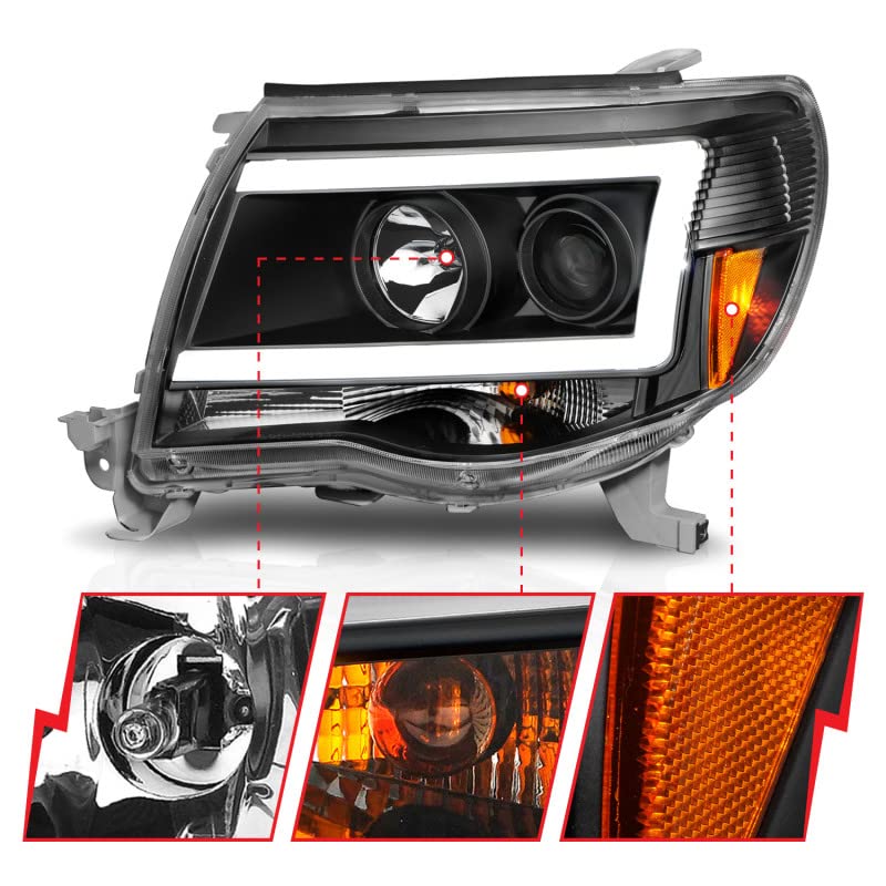 ANZO (111517) 05-09 Toyota Tacoma Projector Headlights with C-Shaped LED Light Bar - Upgrade Your Truck's Style & Night Visibility for Off-Roading & Daily Driving