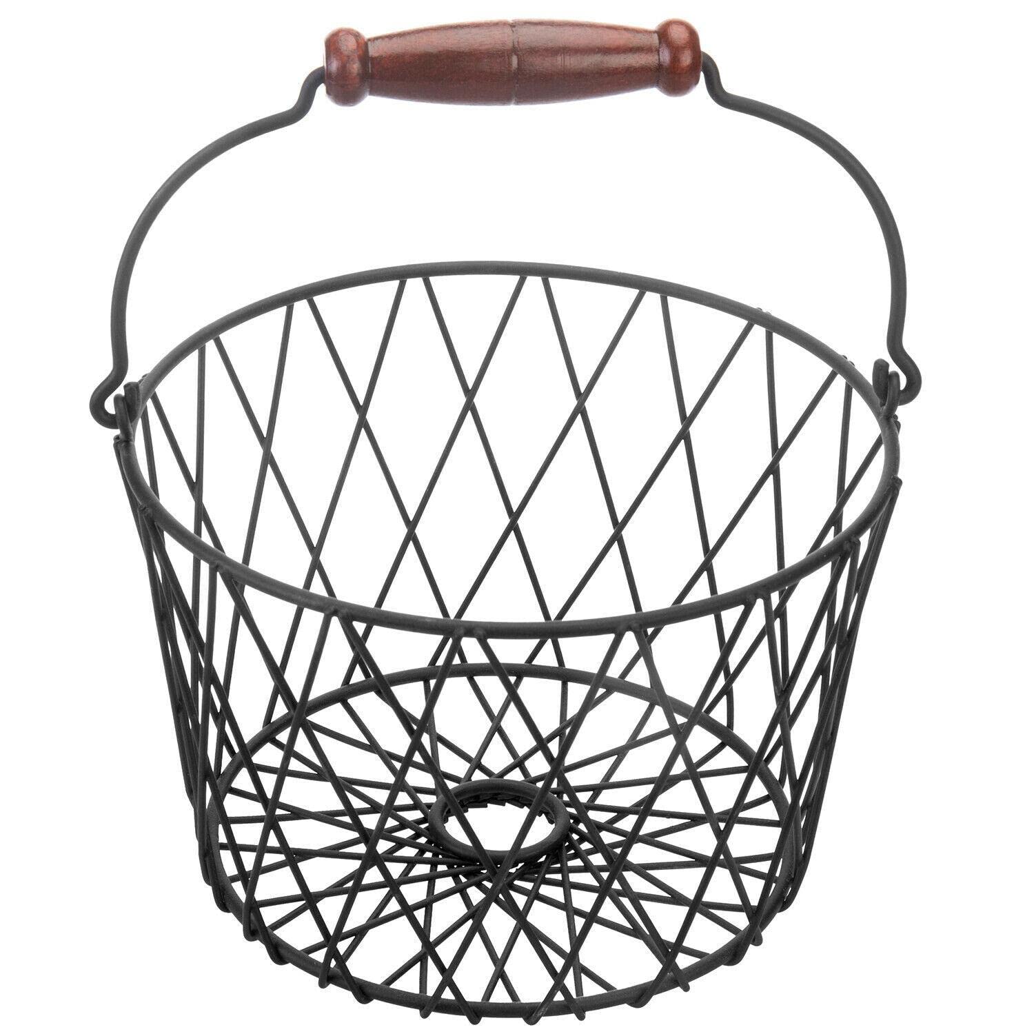 **Cdeir Matte Black Metal Woven Country-Style Egg Storage Basket with Wooden Handle – Perfect for Farmhouse Kitchen, Egg Collecting, Organizing, and Rustic Home Decor**