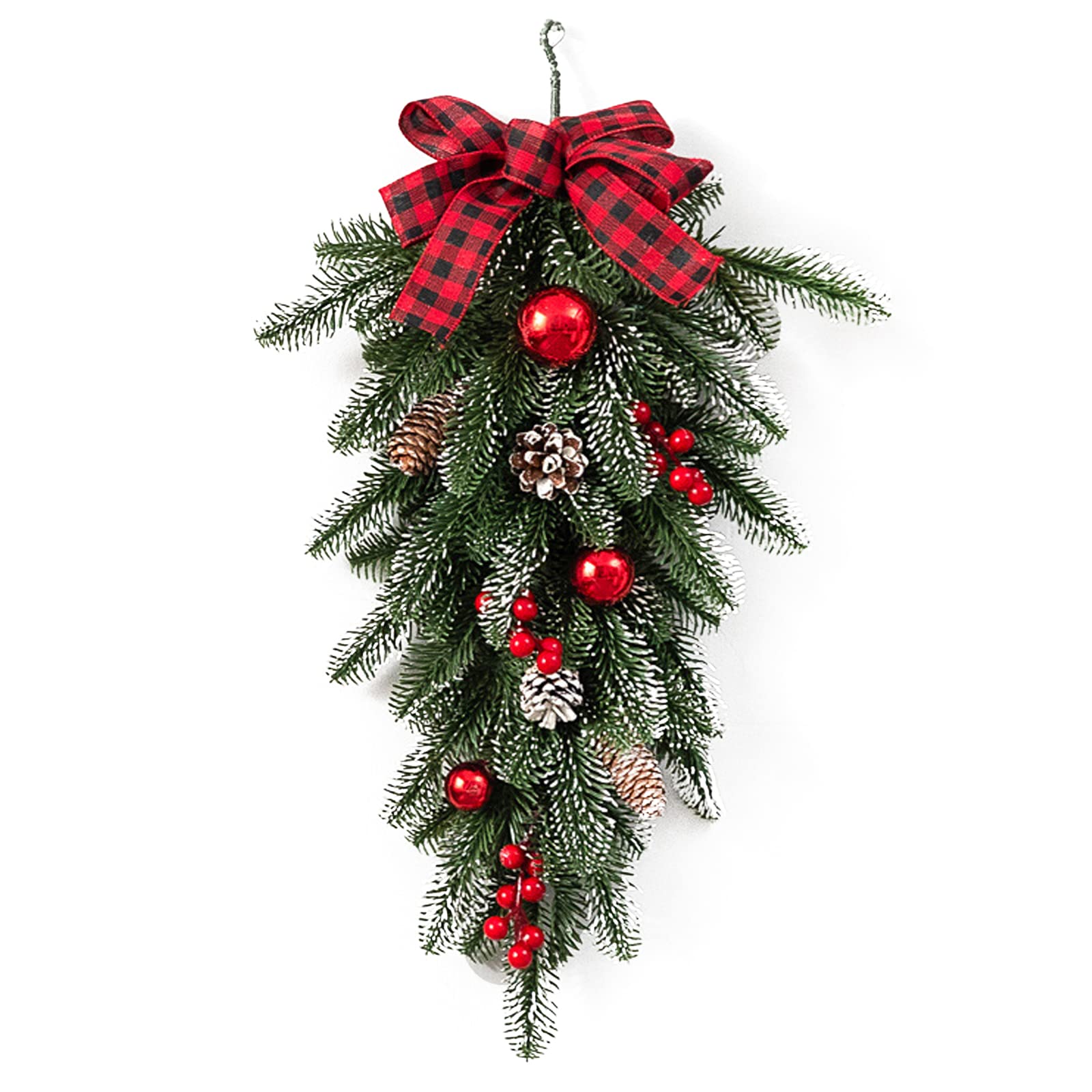 21.6 Inch Artificial Christmas Teardrop Swag Wreath with Pine Cones & Red Berries - Indoor/Outdoor Wall & Door Hanging Decor for Holiday, Home, Party, Wedding, and Office Decoration