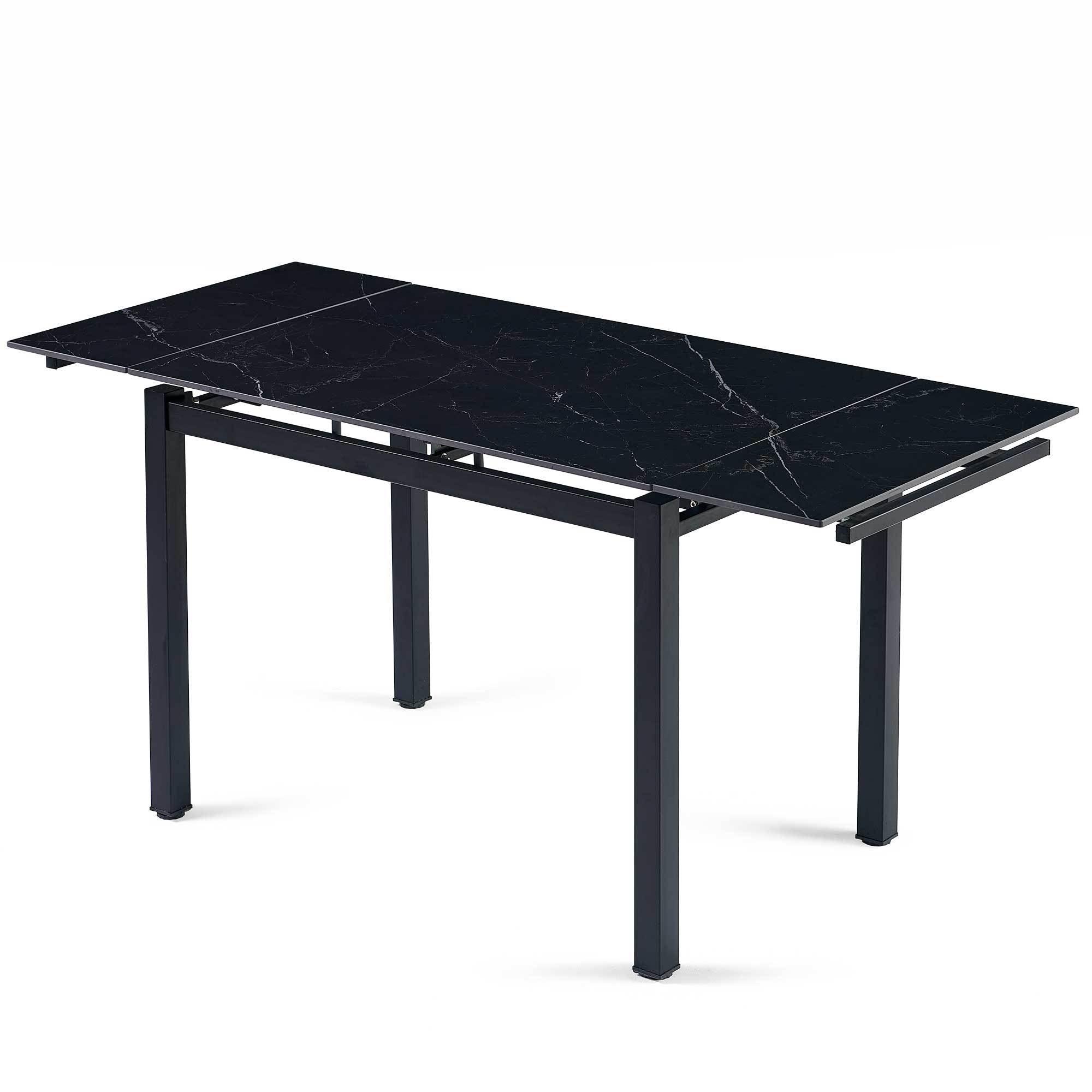 Modern Black Ceramic Expandable Rectangular Dining Table - Space Saving Kitchen & Small Apartment Furniture for Dining Room, Breakfast Nook, and Compact Living Spaces