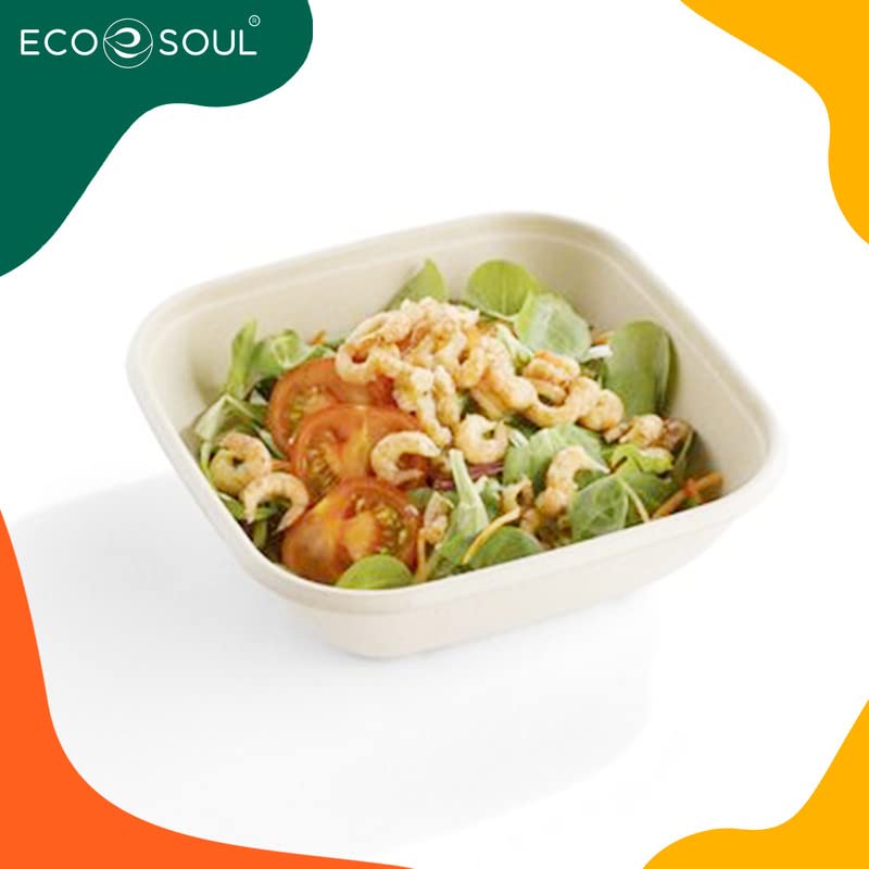 ECO SOUL 150ml (5oz) 50-Pack Biodegradable Sugarcane Bowls - Eco-Friendly Disposable Square Bowls for Snacks, Salads, Parties, Weddings & Events | Microwave & Freezer Safe | Perfect for Home, Restaurant & Catering Use