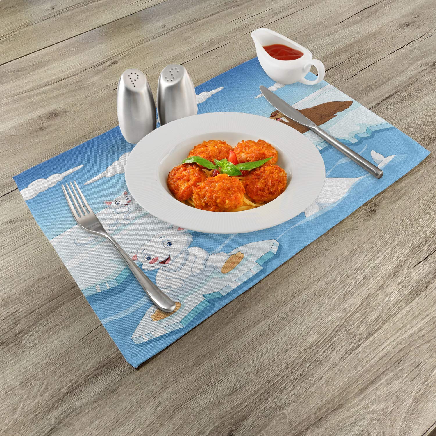 Ambesonne Arctic Animals Place Mats Set of 4 - Polar Bears, Seals, Penguins, Wolves & Whales Artwork | Washable Fabric Table Mats for Dining Room & Kitchen Decor in Sky Blue & White | Perfect for Holiday Dinners, Family Gatherings & Wildlife Theme Parties