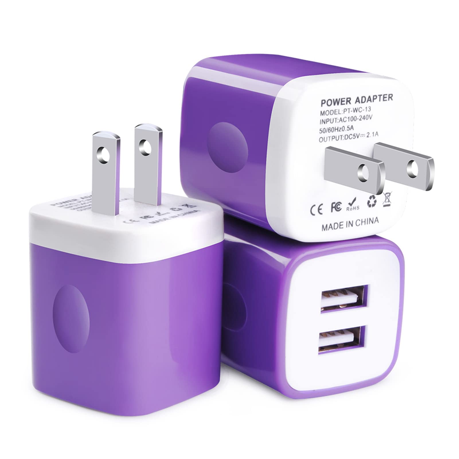 FiveBox 3-Pack USB Wall Charger Adapter - Dual Port 2.1A Fast Charging Cube for iPhone 13/12/11/X/8/7, Samsung Galaxy, Android Phones - Perfect for Home, Office, Travel & Car Charging