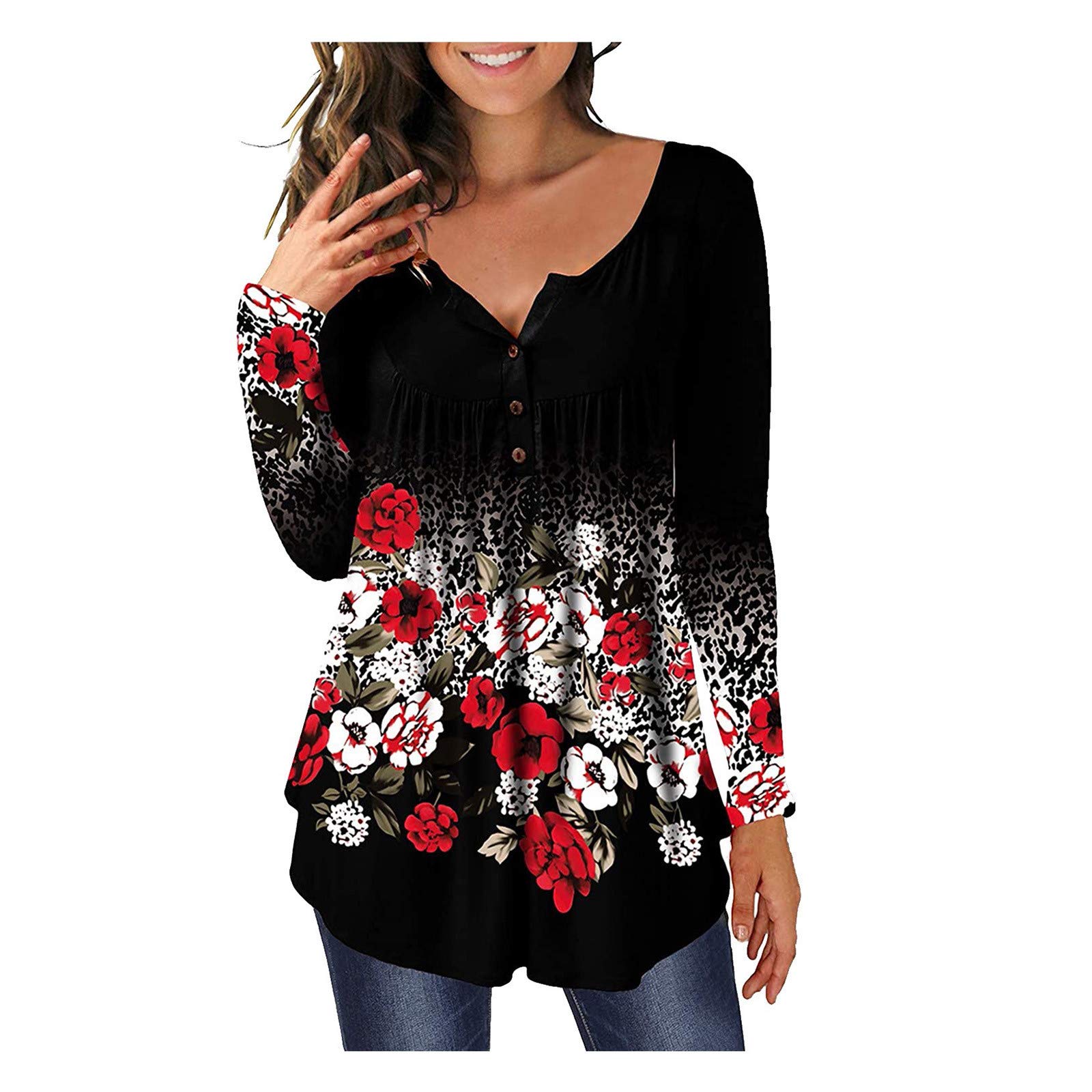 Women's Long Sleeve Button Down Tunic Blouse - Loose V Neck Pleated Top with Polka Dot Floral Print - Perfect for Office Wear, Casual Outfits & Spring Layering