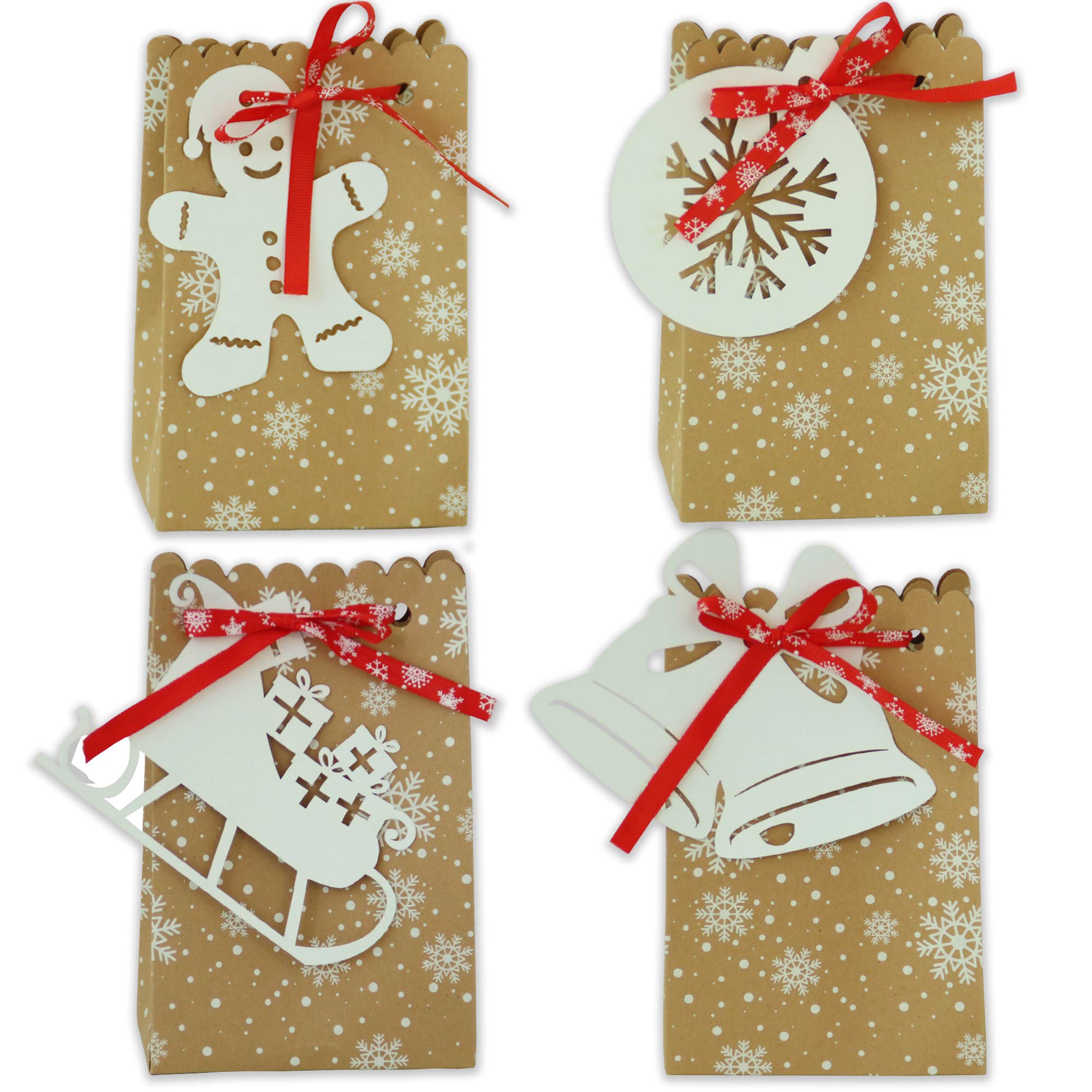 20-Piece Bulk Christmas Goody Bags - Small Brown Kraft Paper Gift Bags with Holiday Tags & Red Ribbons - Perfect for Holiday Treats, Party Favors & Festive Gift Giving