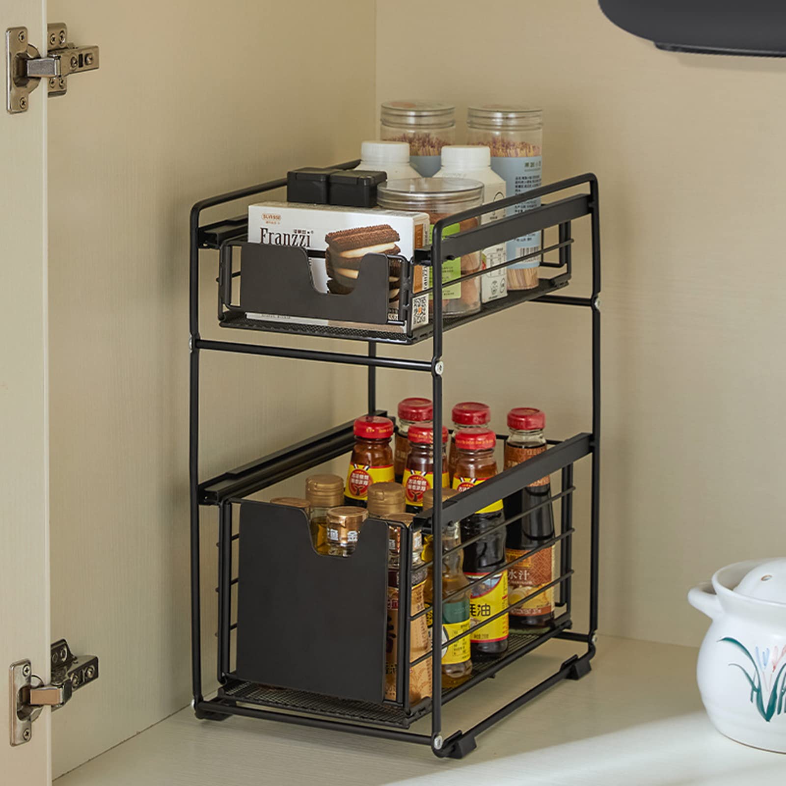 GQGQ 2-Tier Stackable Sliding Basket Organizer - Under Sink Storage Drawer for Kitchen, Bathroom & Office - Space Saving Countertop Organizer (Black, Small) - Perfect for Storing Cleaning Supplies, Cosmetics & Kitchen Utensils