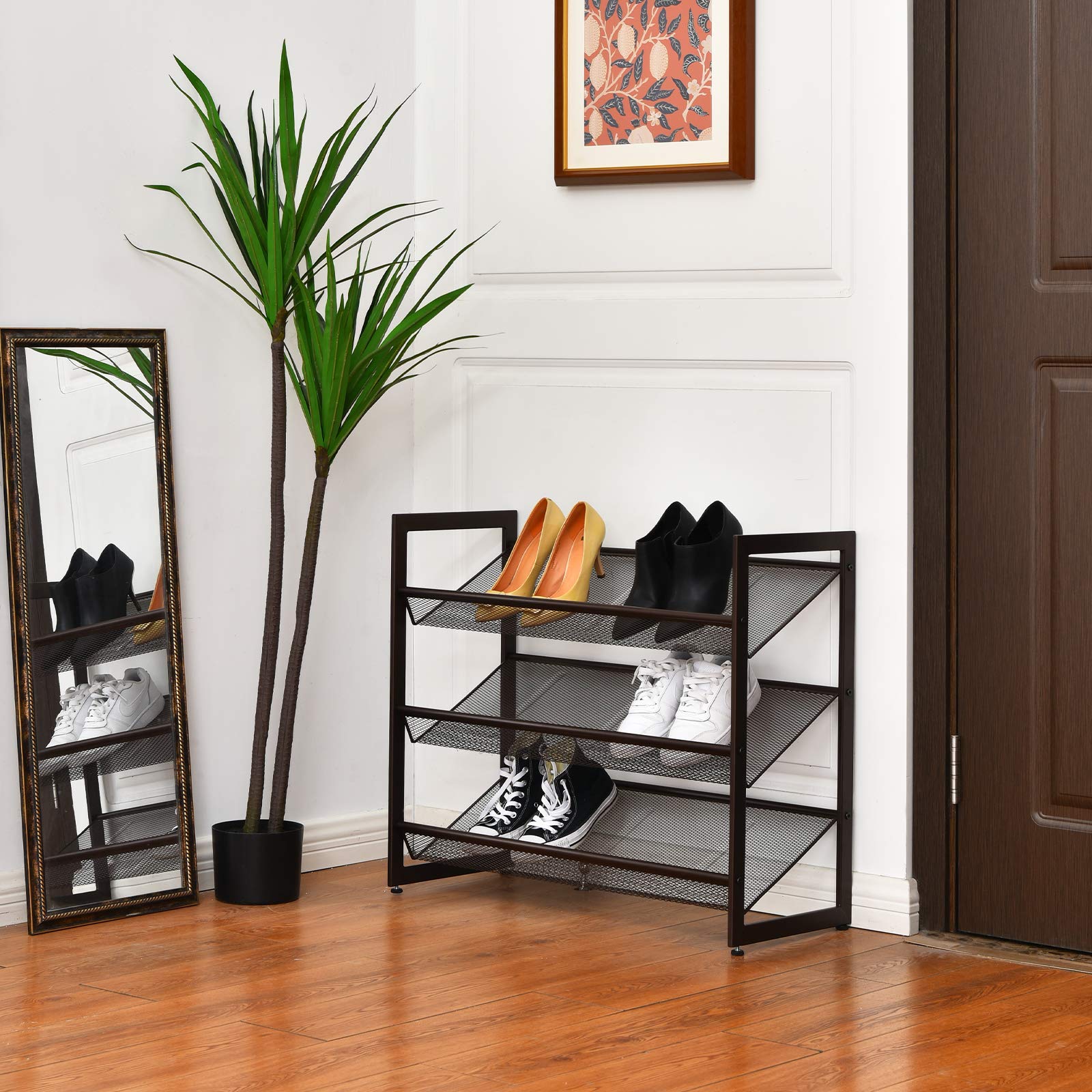 Giantex 3-Tier Metal Shoe Rack Organizer - Adjustable Angled/Flat Mesh Shelves Holds 9-12 Pairs - Freestanding Shoe Storage for Entryway, Closet, Bedroom & Hallway - Space Saving Shoe Organizer for Small Apartments & Dorm Rooms