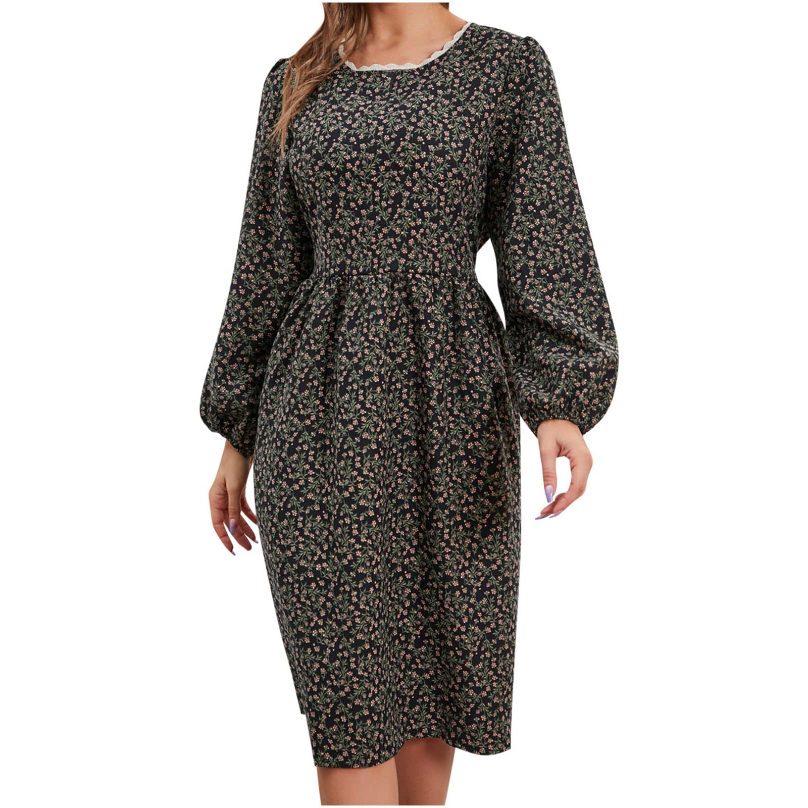 BmkBWO Women's Floral Print Long Sleeve Summer Dress - Crewneck Swing Knee-Length Smocked Waist Shift Dress for Fall | Perfect for Casual Outings, Office Wear & Date Nights