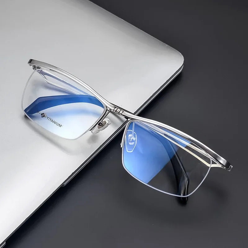 Men's Titanium Flip-Up Square Semi-Rimless Eyeglasses - Lightweight & Durable for Reading, Driving & Outdoor Activities