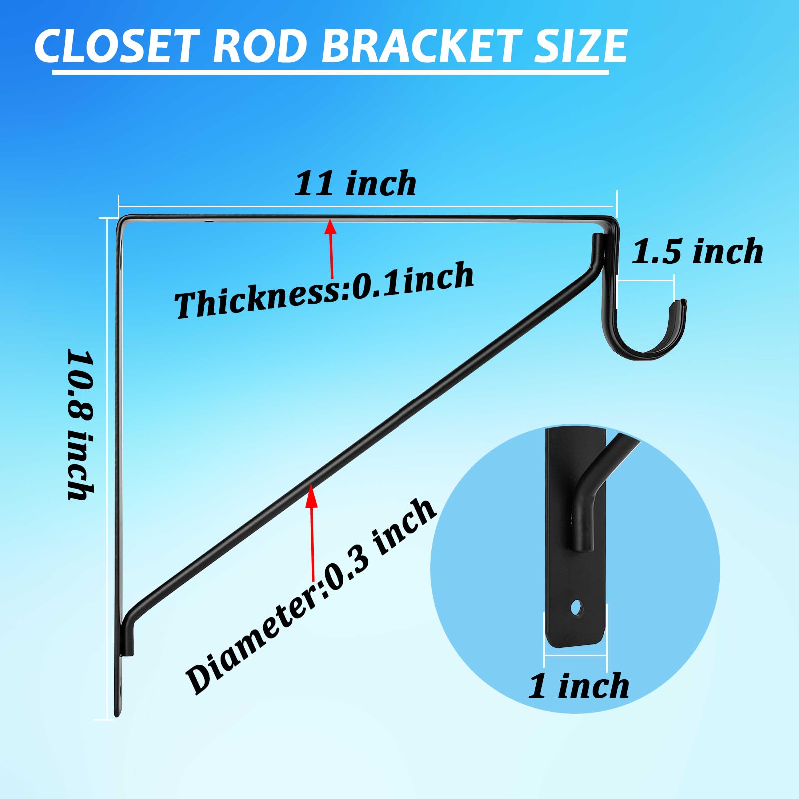 8 Pack Heavy Duty Closet Rod Brackets 11x11 Inch - Black Wall Mounted Shelf & Closet Pole Support Bracket with Screws - Perfect for Home Organization, Wardrobe Storage, and Closet Renovation Projects