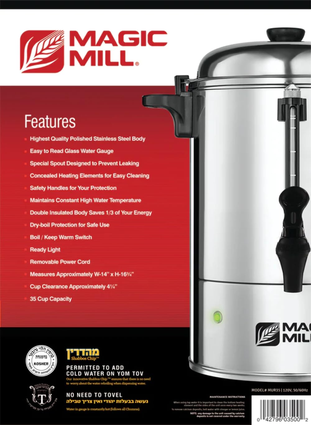 Magic Mill Stainless Steel Hot Water Urn - 35 Cup Capacity (2.6 Gallon) for Coffee, Tea & Catering - Commercial & Home Use for Parties, Events & Large Gatherings