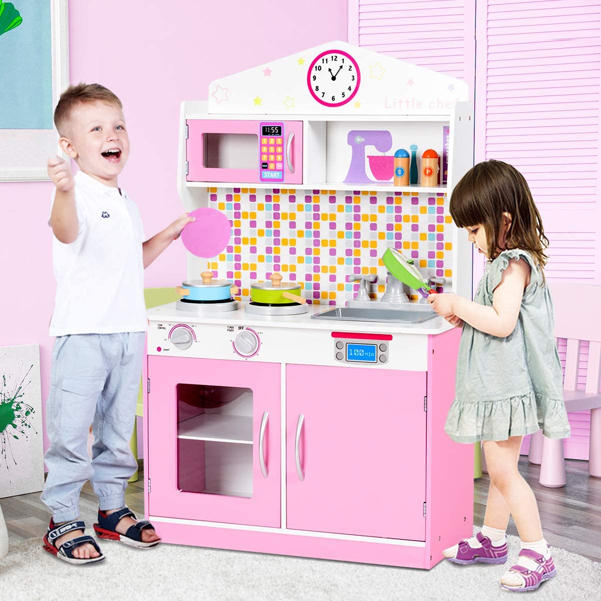 MAT EXPERT Kids Wooden Chef Pretend Play Kitchen Set with Removable Sink, Cookware, Microwave & Storage - Educational Toy for Boys & Girls Ages 3+ - Perfect for Pretend Cooking, Role Play & Early Learning at Home or Preschool