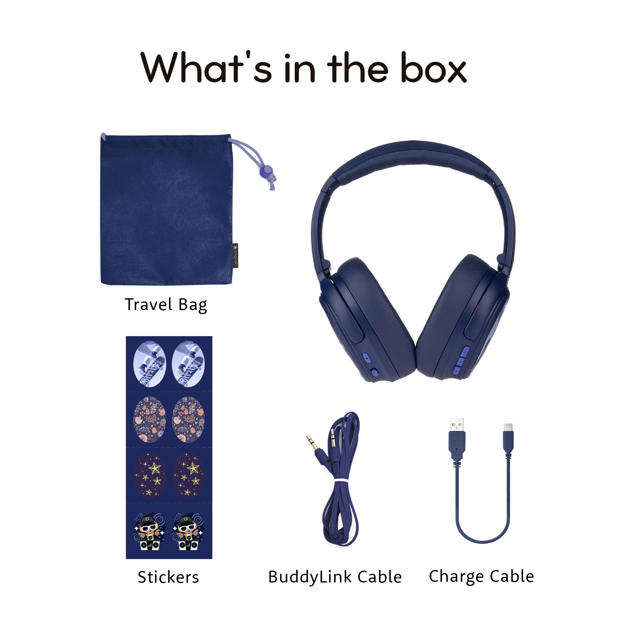 Onanoff BuddyPhones Cosmos Fun - Foldable ANC Bluetooth Headphones with Mic for Kids & Teens | SafeAudio Volume Limiting (75/85/94dB) | Wired/Wireless Use | Perfect for School, Travel & Home Learning (Blue)