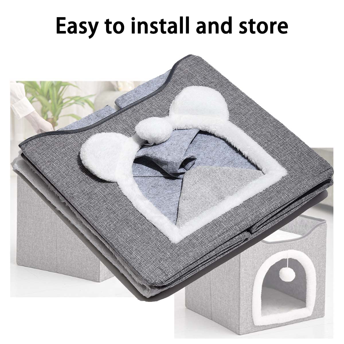 Premium Foldable Cat Bed House for Indoor Cats - Large Cozy Cave with Fluffy Hanging Ball & Scratch Board - 15.35