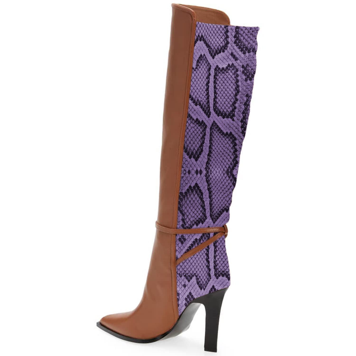 Women's Brown Two-Tone Snakeskin Over-The-Knee Boots - Pointed Toe High Heel Pull-On Dress Boots with Ankle Strap (US Size 4-16) | Perfect for Office, Party & Night Out