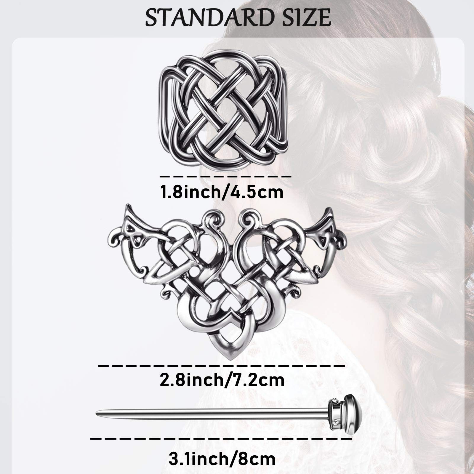 Viking Celtic Hair Clips - 2 Pack Silver Hairpins with Intricate Knot Design, Medieval Hair Accessories for Women | Perfect for Cosplay, Renaissance Fairs & Boho Hairstyles