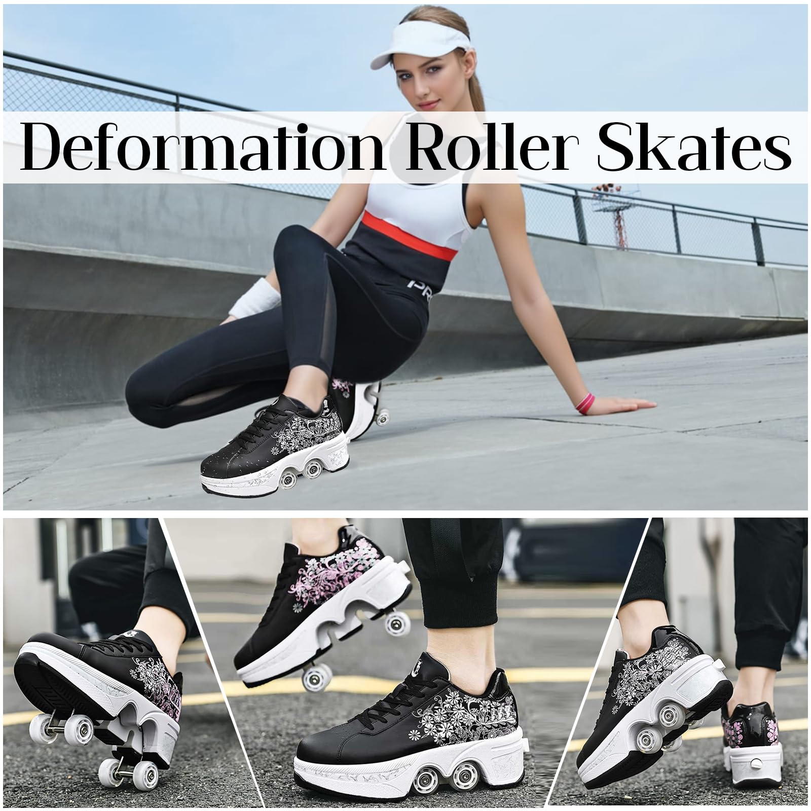 Retractable Roller Skate Shoes for Men & Women - Double Row Deform Wheel Sneakers with Wheels | Outdoor Skating Shoes for Boys & Girls | Perfect for Park Rides, Commuting & Fun Activities