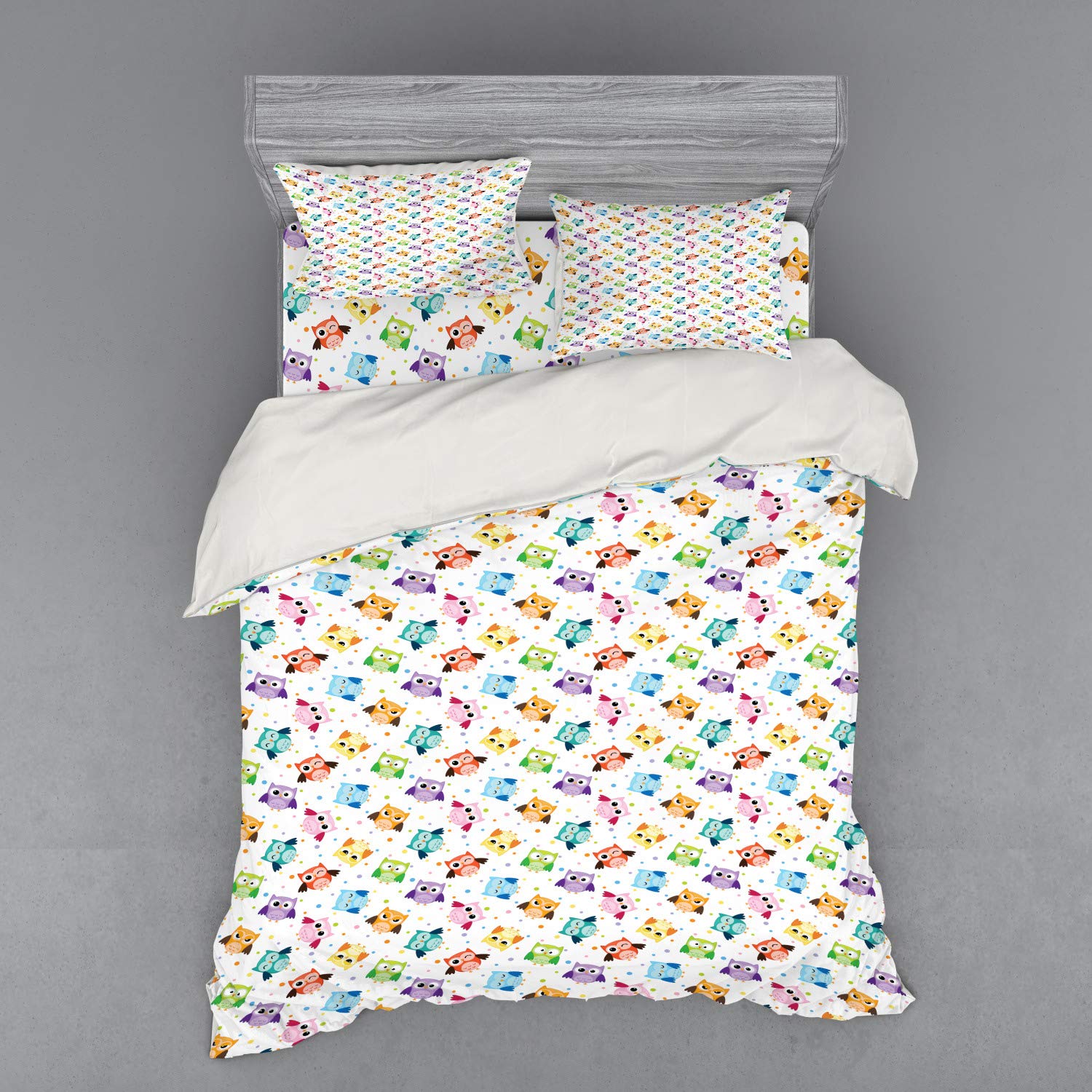 Ambesonne Owls Bedding Set - 4 Piece Queen Size Duvet Cover with Shams & Fitted Sheet, Colorful Humorous Doodle Design with Funny Angry Owl Characters - Perfect for Kids' Rooms, Teen Bedrooms & Whimsical Home Decor
