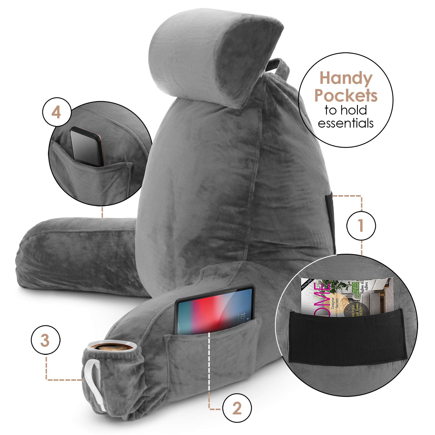 Nestl Reading Pillow with Laptop Desk - Velvet Back Support Pillow for Sitting in Bed, Shredded Memory Foam Bed Rest Pillow with Arms (Large, Gray) - Perfect for Reading, Working, or Relaxing in Bed