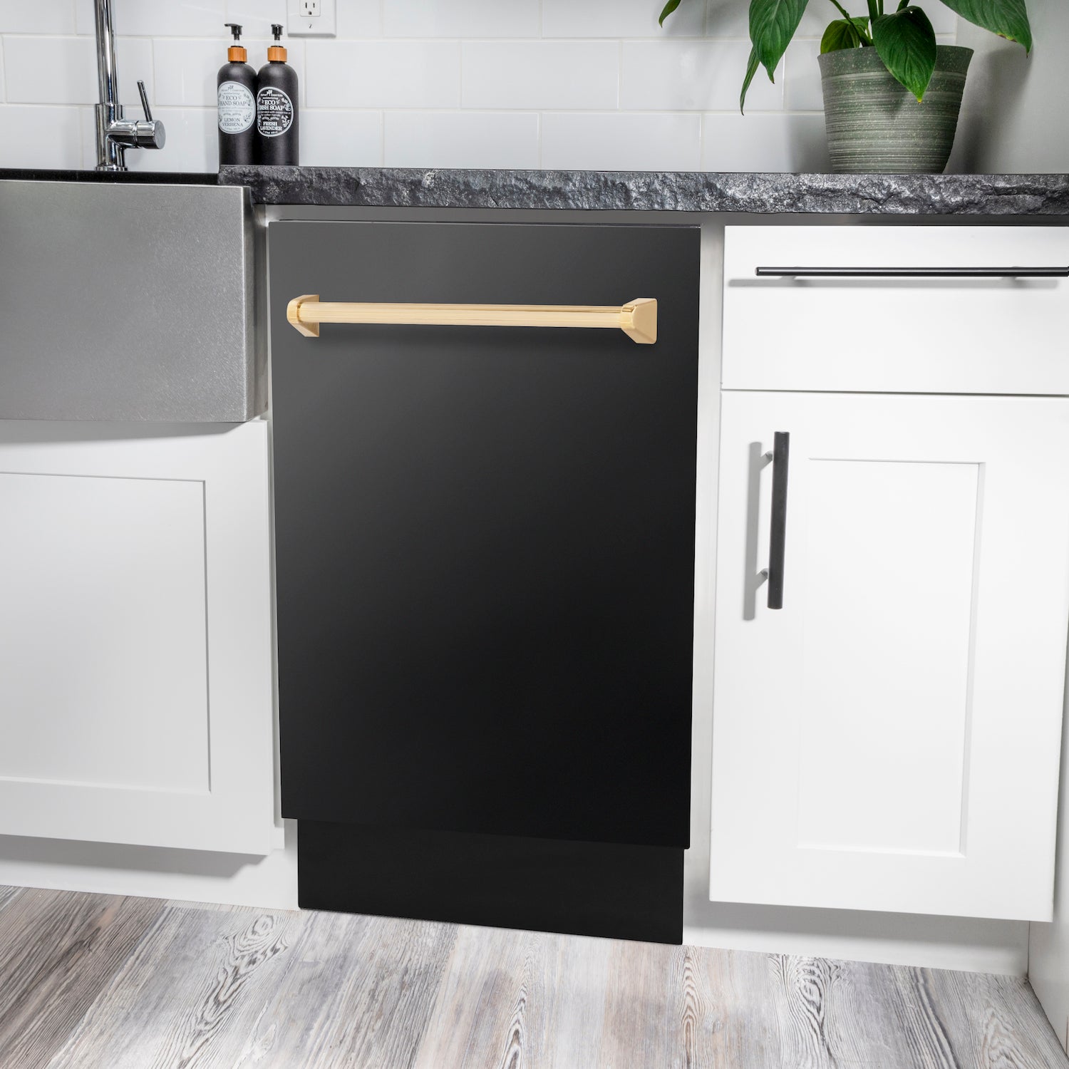 ZLINE Autograph Edition 18-Inch Compact Dishwasher with 3rd Rack - Black Stainless Steel with Polished Gold Handle, 51dBa (DWVZ BS 18 G) | Perfect for Small Kitchens, Apartments & RVs | Energy Efficient & Quiet Operation