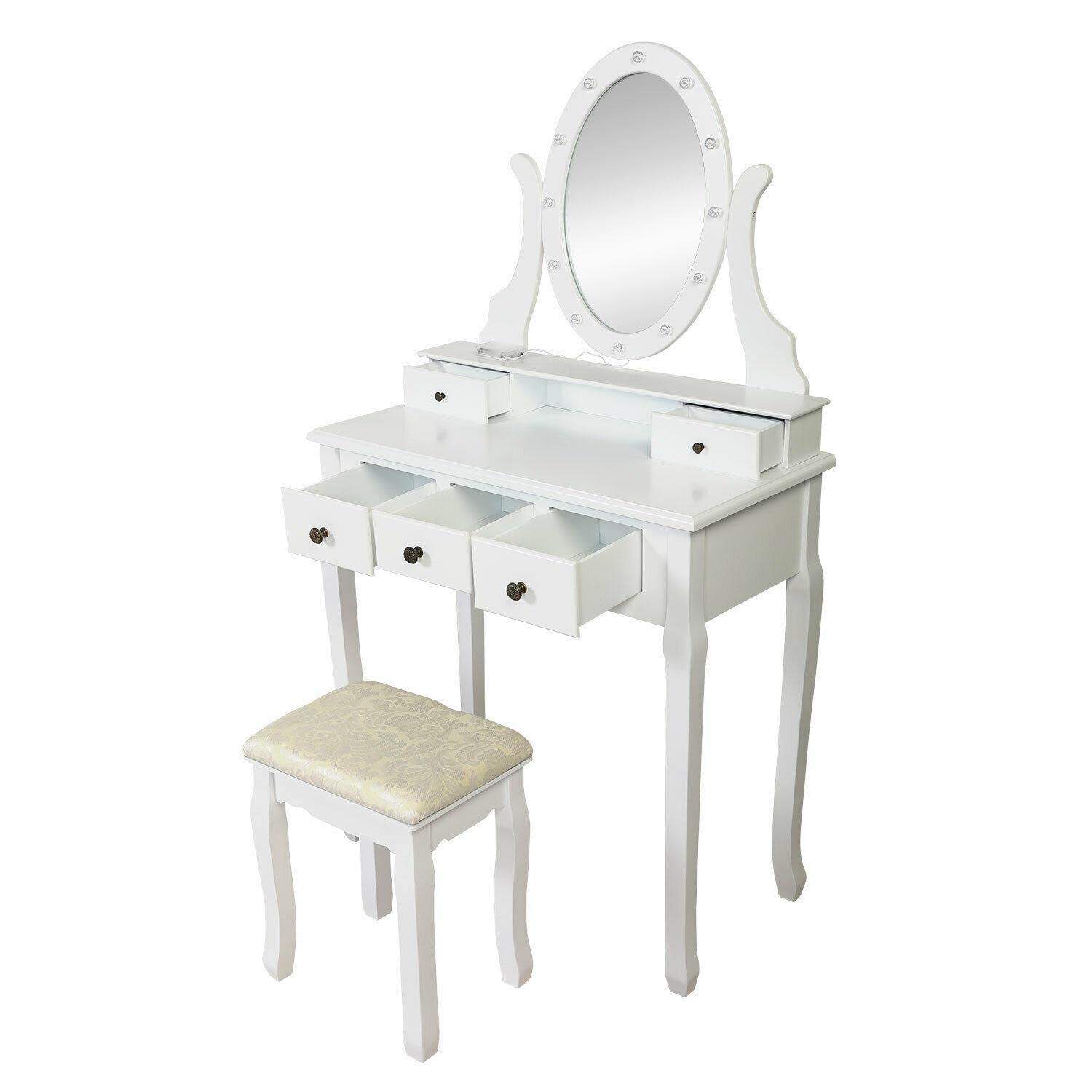 360° Rotating LED Vanity Mirror with 12 Bulbs - Portable Makeup Dressing Table Set, Adjustable Vanity Desk for Bedroom, Salon & Travel - Includes Side Tables for Cosmetics Storage