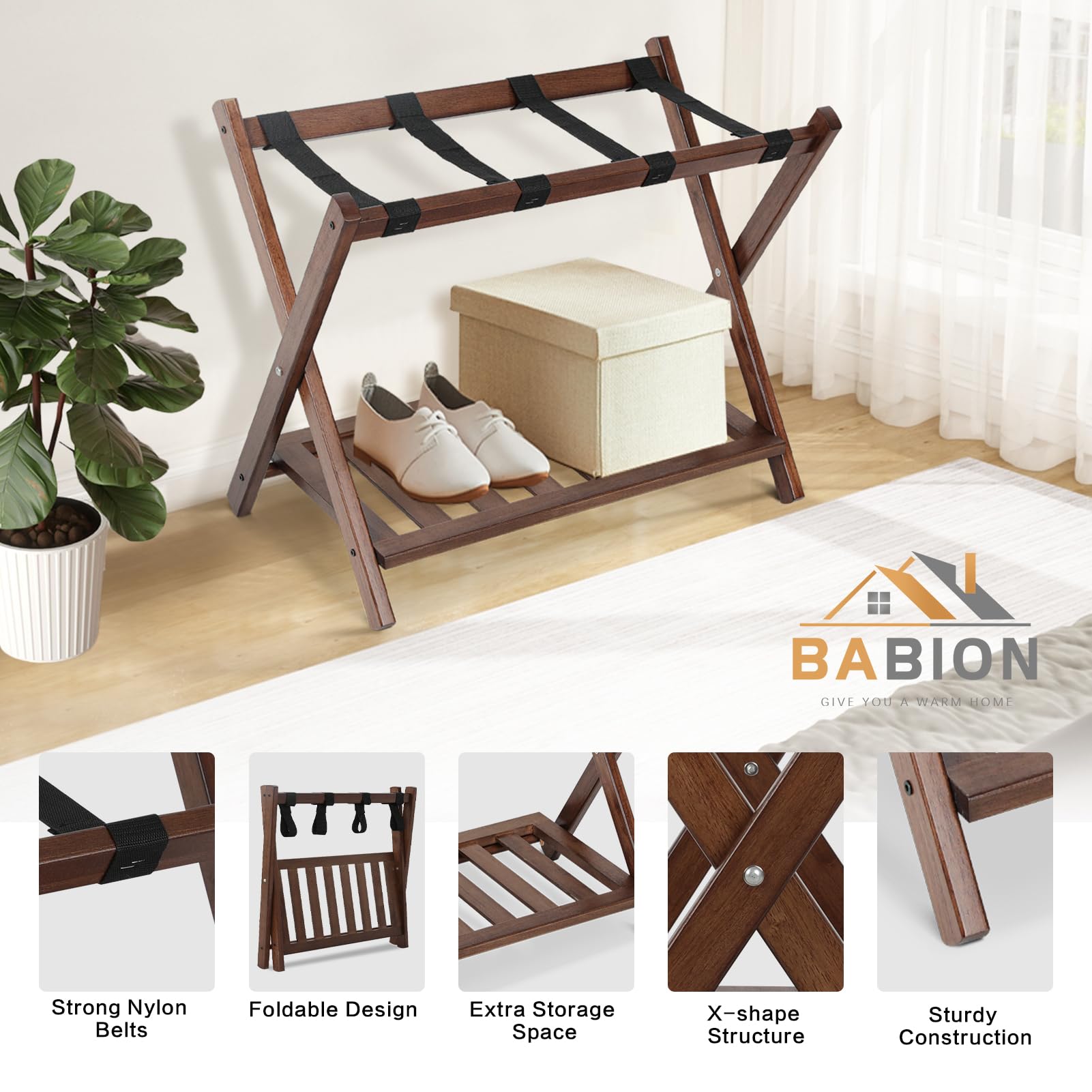 Babion Heavy Duty Folding Luggage Rack with Shelf - 2 Tier Wooden Suitcase Stand with Nylon Belts - Space Saving Foldable Bag Holder for Bedroom, Guest Room, Closet Organization (4 Pack) - Perfect for Travel Storage & Small Space Living