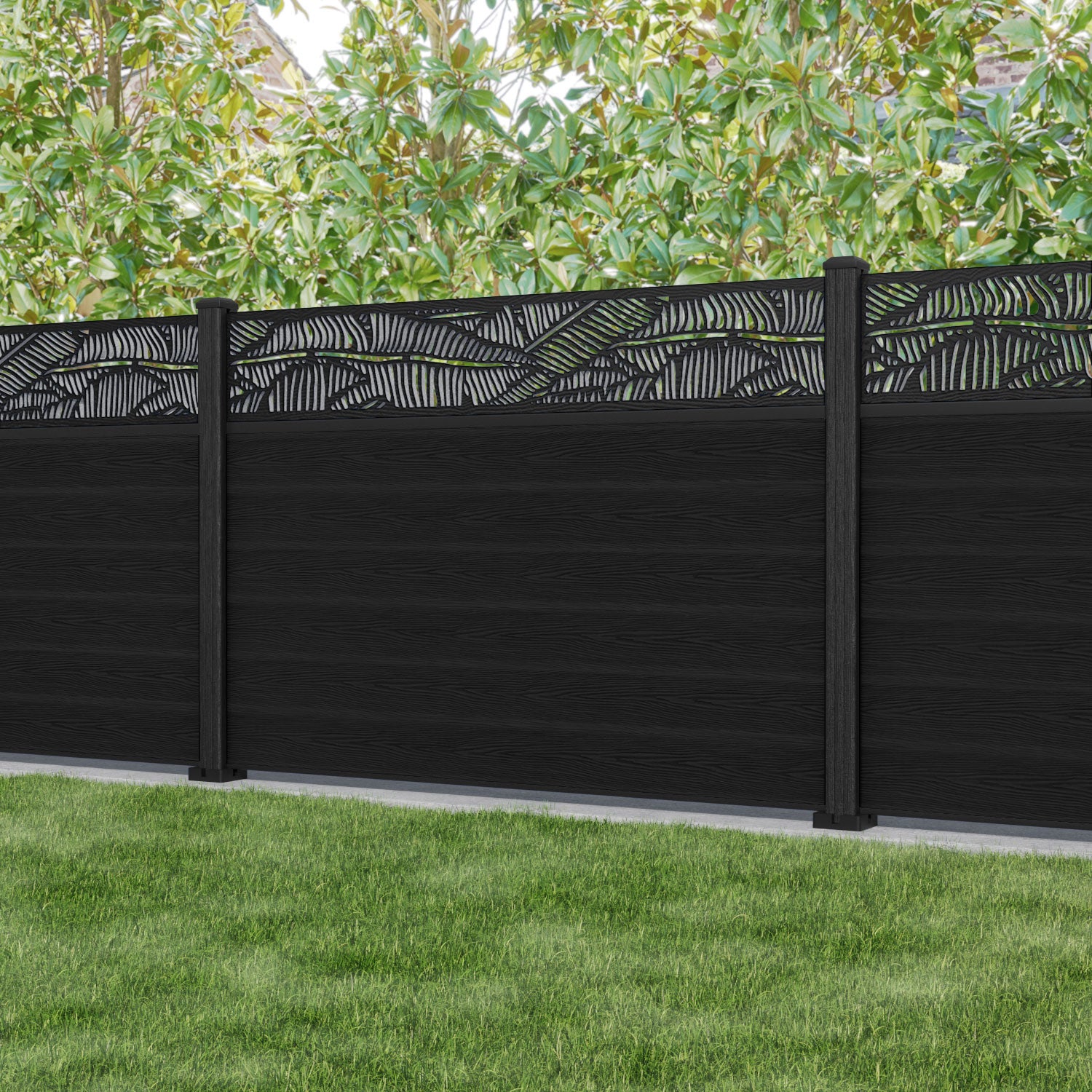 Classic Black Feather Fence Panel with Composite Posts - Durable Outdoor Privacy Screen for Garden, Patio, and Backyard Decoration