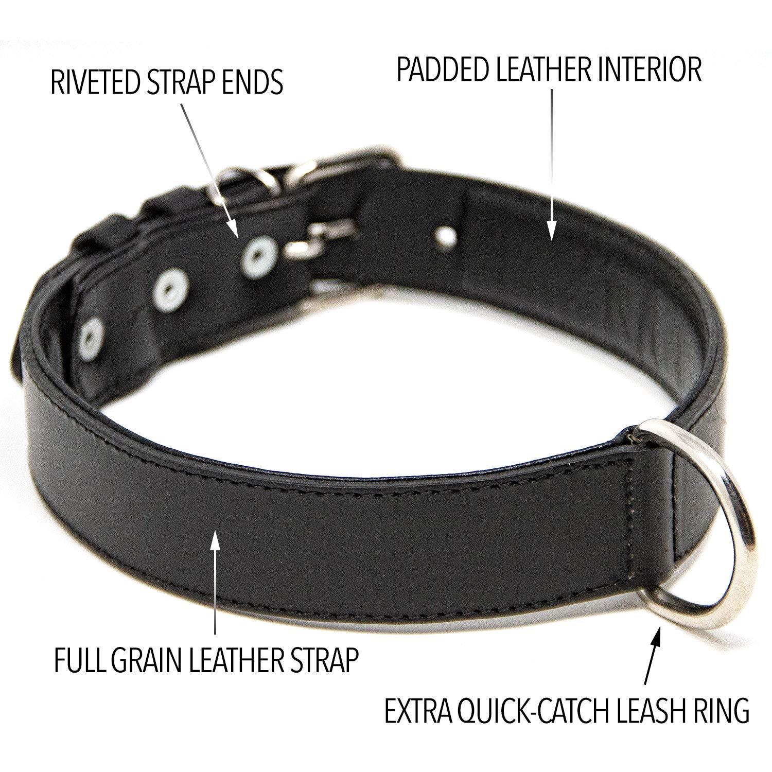 Premium Full Grain Leather Dog Collar for Large Breeds - Padded Comfort Design Adjustable Black Dog Collar (1.5