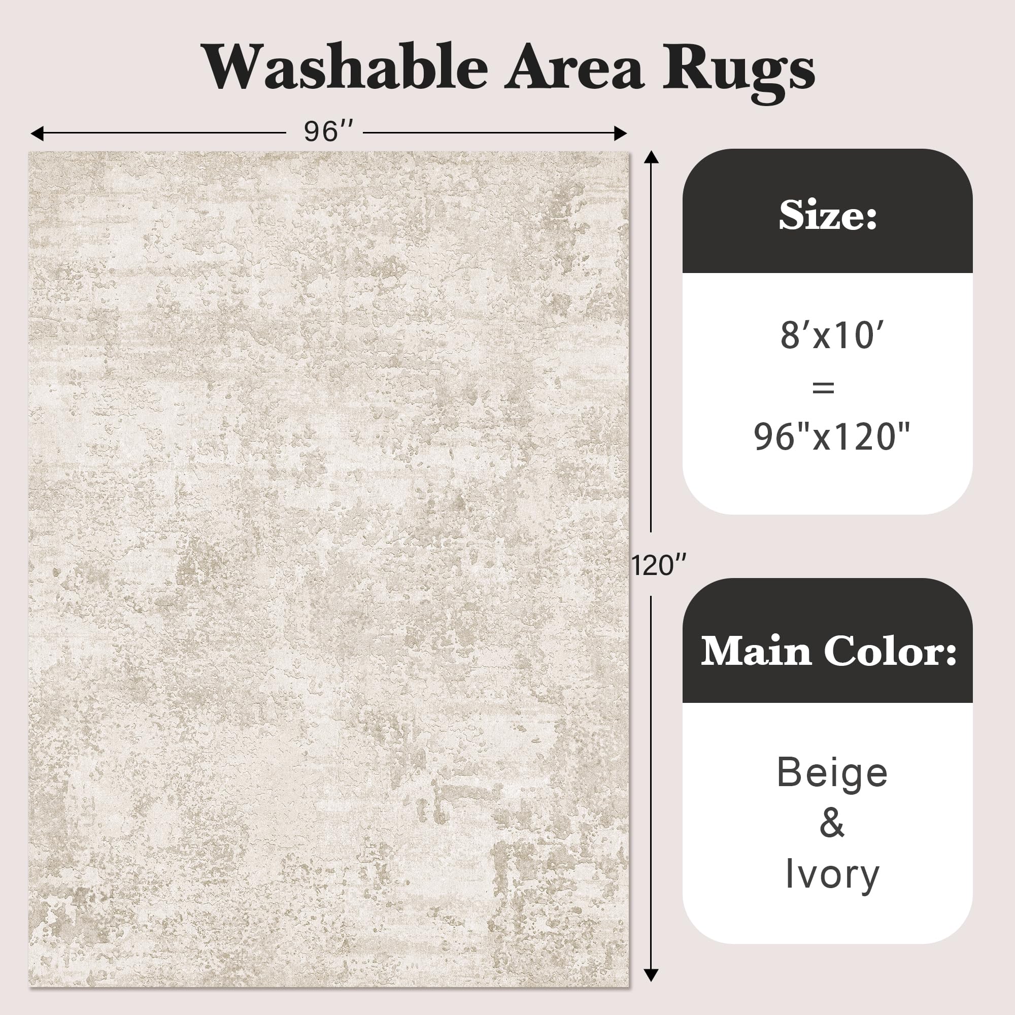 Art&Tuft Washable 8x10 Rug with Anti-Slip Backing - Abstract Design Stain Resistant Living Room Rug - Foldable Machine Washable Area Rug (TPR53-Beige, 8'x10') - Perfect for Home Decor, Bedroom, Dorm & Office Spaces