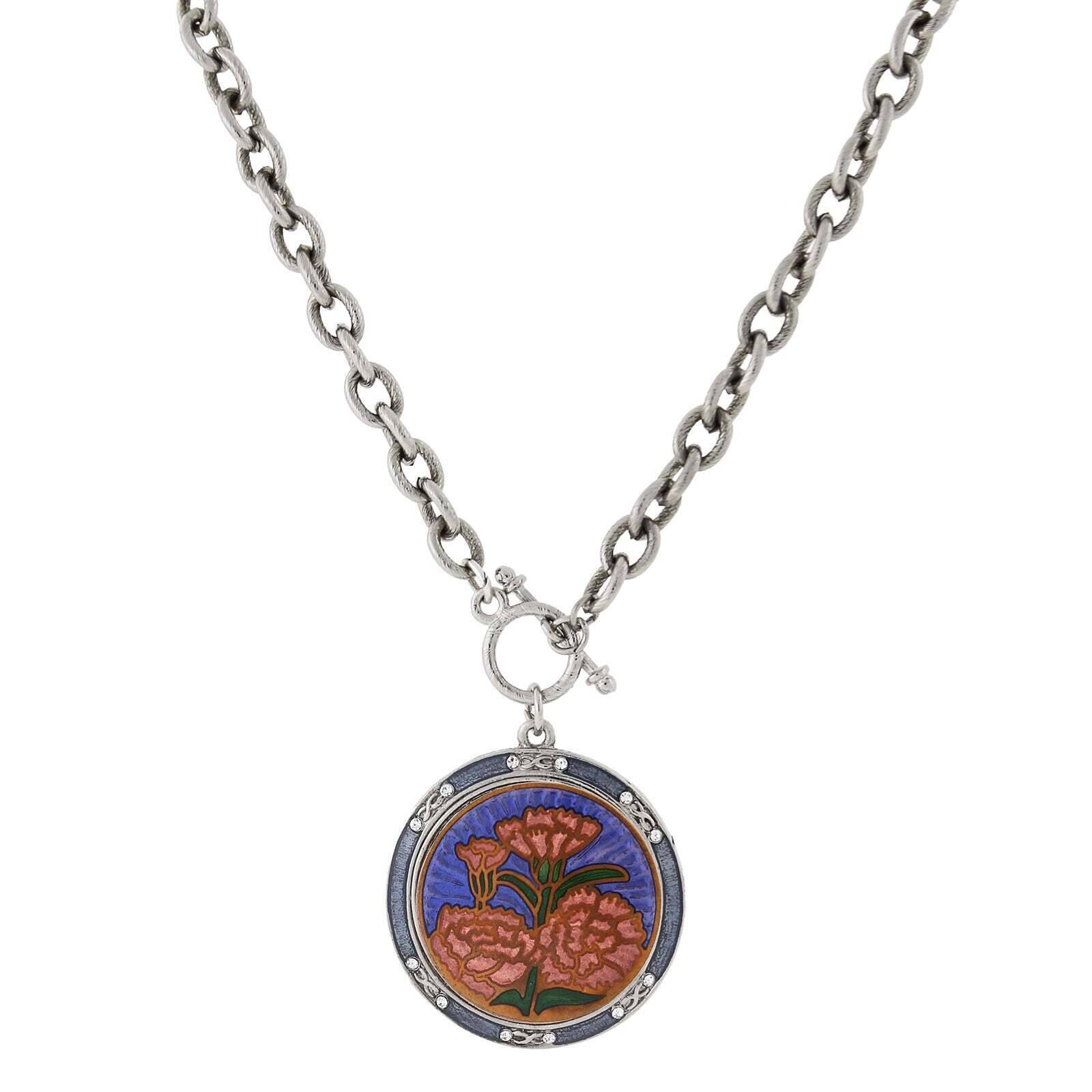 1928 Blue and Orange Floral Enamel Medallion Toggle Pendant Necklace - 20