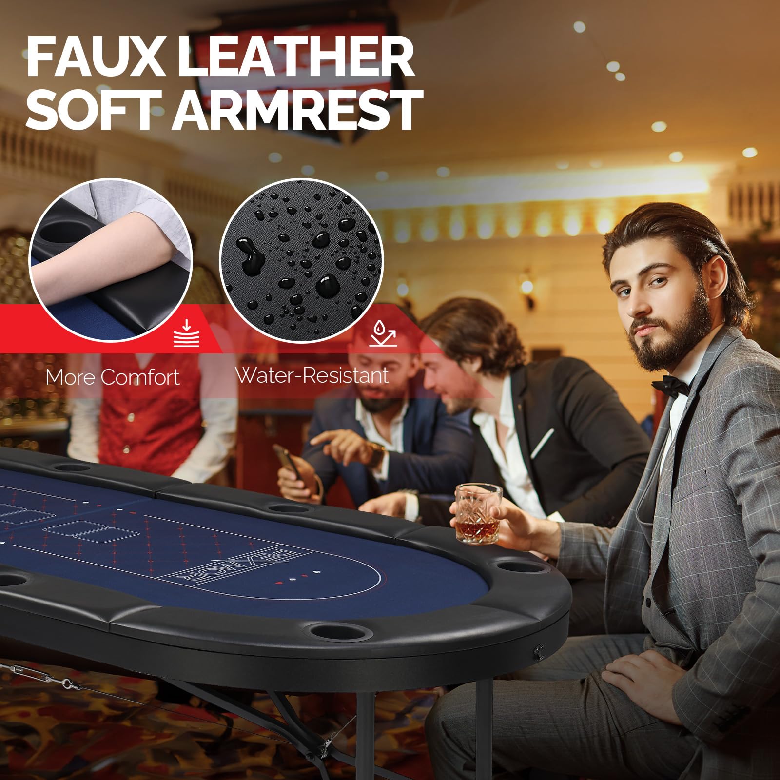 PEXMOR 8-Player Foldable Poker Table with Stainless Steel Cup Holders - Casino-Grade Felt & Water-Resistant Cushioned Rail - Texas Holdem Blackjack Game Table for Home & Casino Nights | Perfect for Poker Parties, Game Rooms & Casino-Themed Events