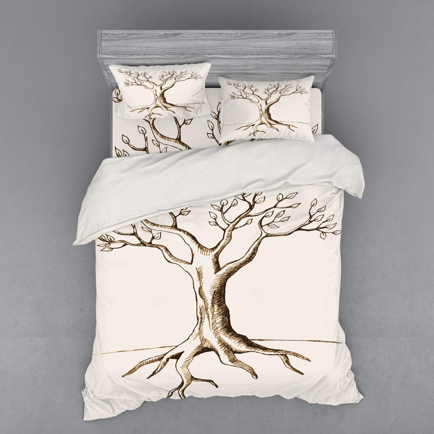 Lunarable Tree of Life Duvet Cover Set - Hand-Sketched Minimalist Tree Design with Fertile Growth Print, 4-Piece Bedding Set Includes Shams & Fitted Sheet, California King Size in Cream & Brown - Perfect for Bohemian, Nature-Inspired Bedrooms & Spiritual Home Decor