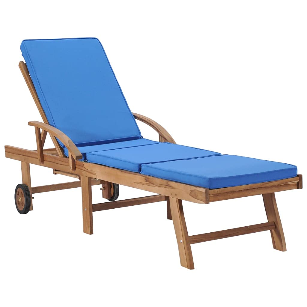 Premium Outdoor Chaise Lounge Chair with Cushion - Solid Teak Wood Sun Lounger for Patio, Poolside & Backyard Relaxation - Water-Resistant Blue Fabric