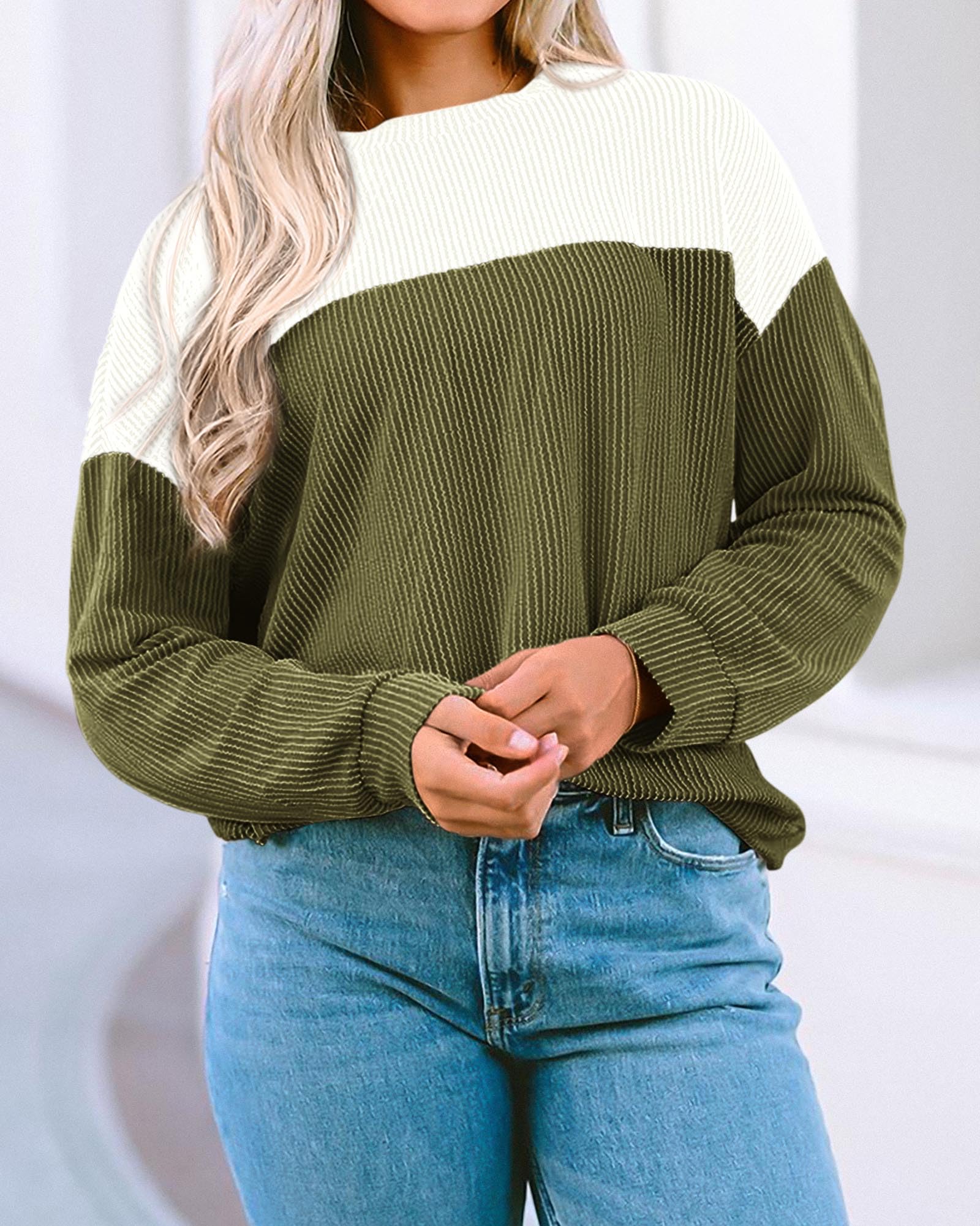 KIRUNDO Women's Spring Fashion 2025 Ribbed Long Sleeve Knit Top - Color Block Casual Loose Crewneck Pullover Shirt for Women | Perfect for Office Wear, Weekend Outfits & Layering in Spring